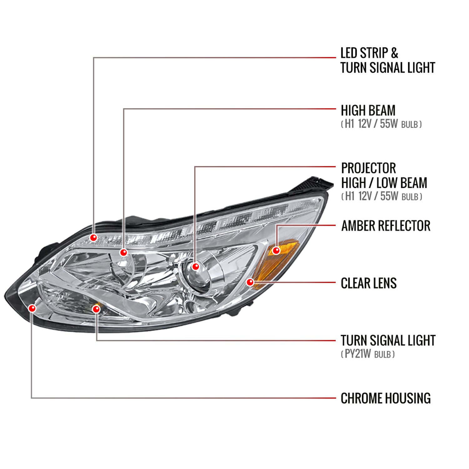 2012-2014 Ford Focus Projector Headlights LED Light &Turn Signal Lights Chrome