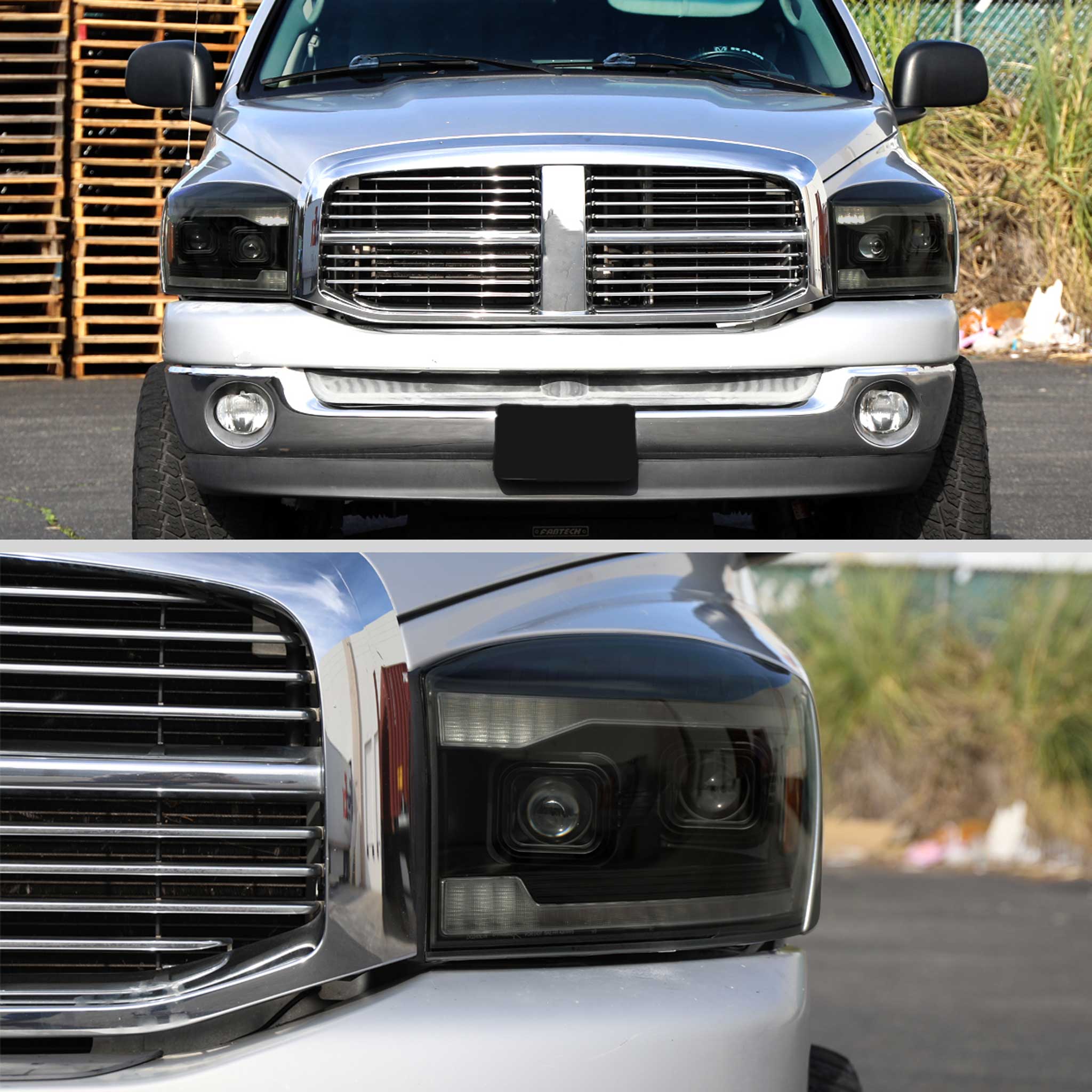 For Dodge RAM 1500 2006-08 / RAM 2500 3500 2006-09 Headlights LED Strip Turn Signal DRL Startup Animation Black Housing Smoked Lens