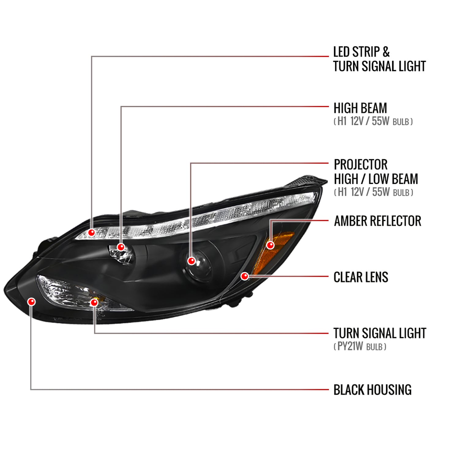 2012-2014 Ford Focus Projector Headlights LED Light & LED Signal Lights Black