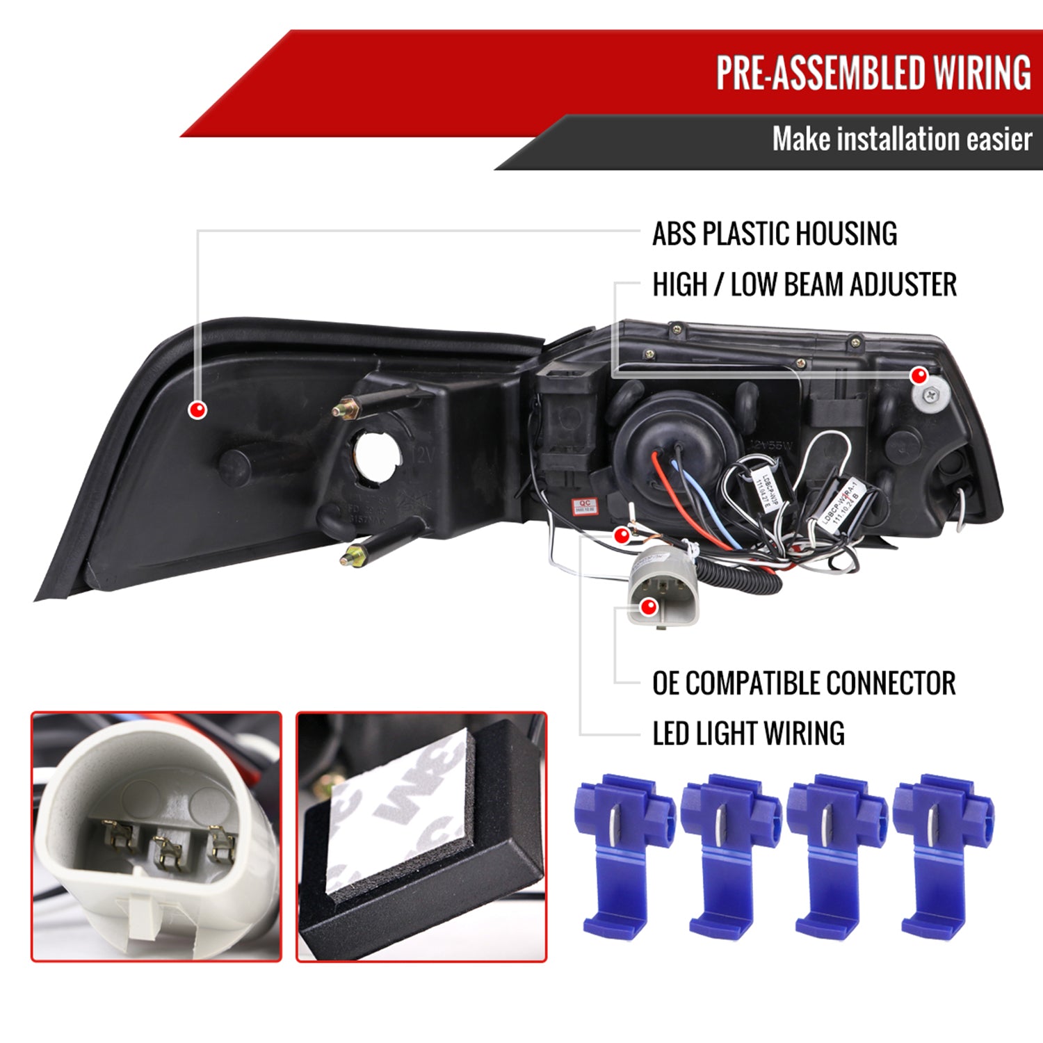 1999-2004 Ford Mustang Dual Halo Projector Headlights Jet Black/Clear Lens