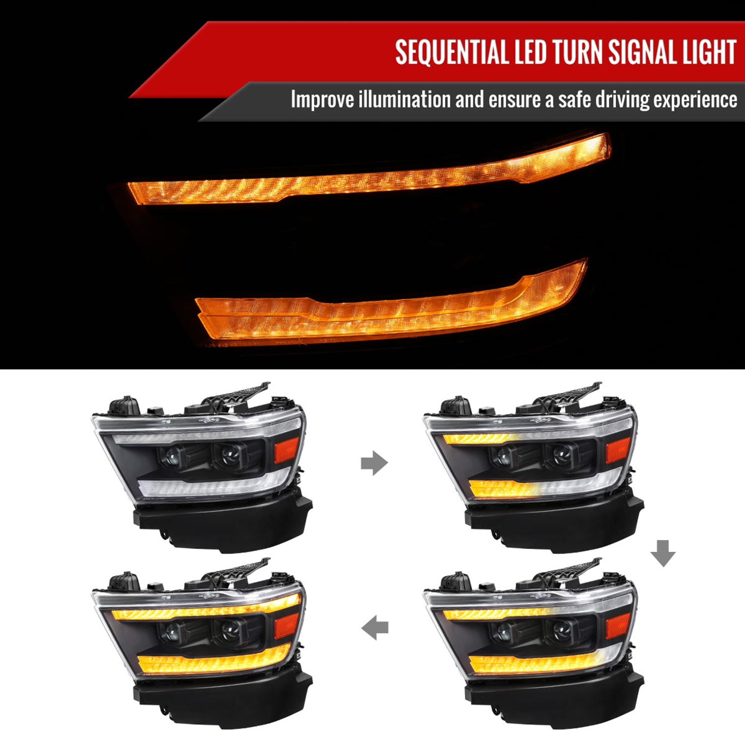 2019-2024 Dodge RAM 1500 Sequential LED Turn Signal Projector Headlights Black