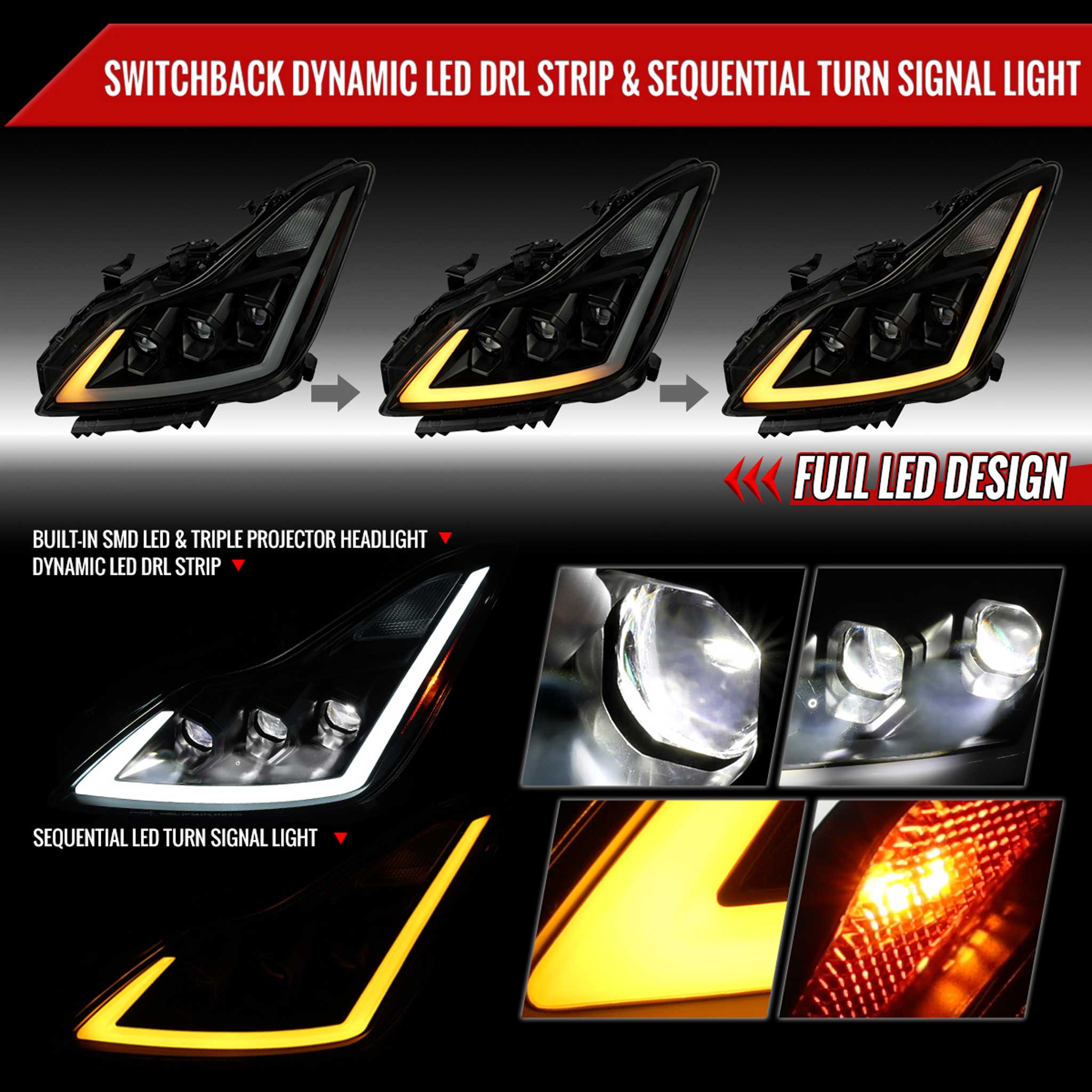 For Infiniti G37 2008-13 / Q60 Coupe 2014-15 LED Turn Signal Full LED Triple Headlights Matte Black Housing Smoked Lens