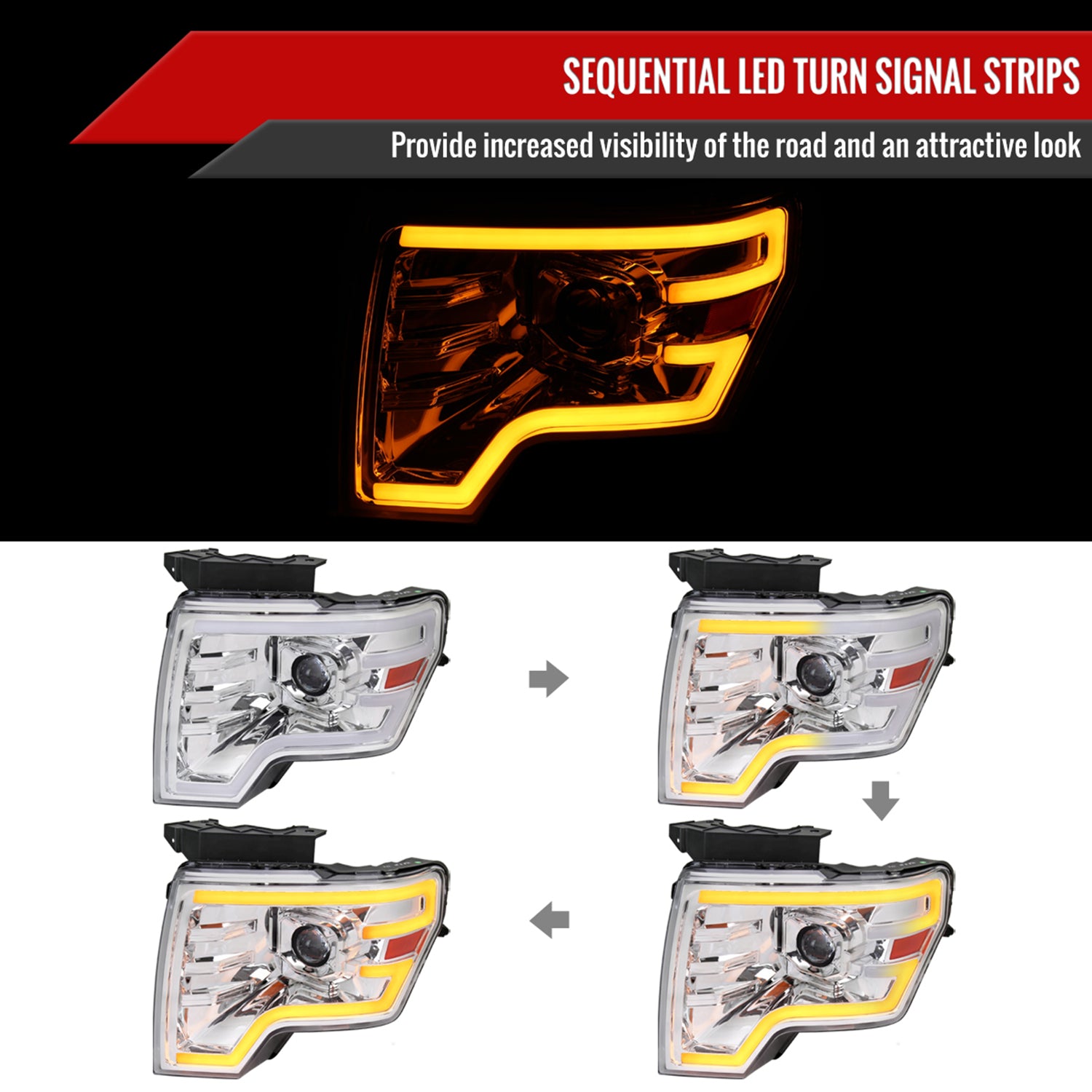 2009-2014 Ford F-150 Sequential LED Turn Signal Projector Headlights Chrome