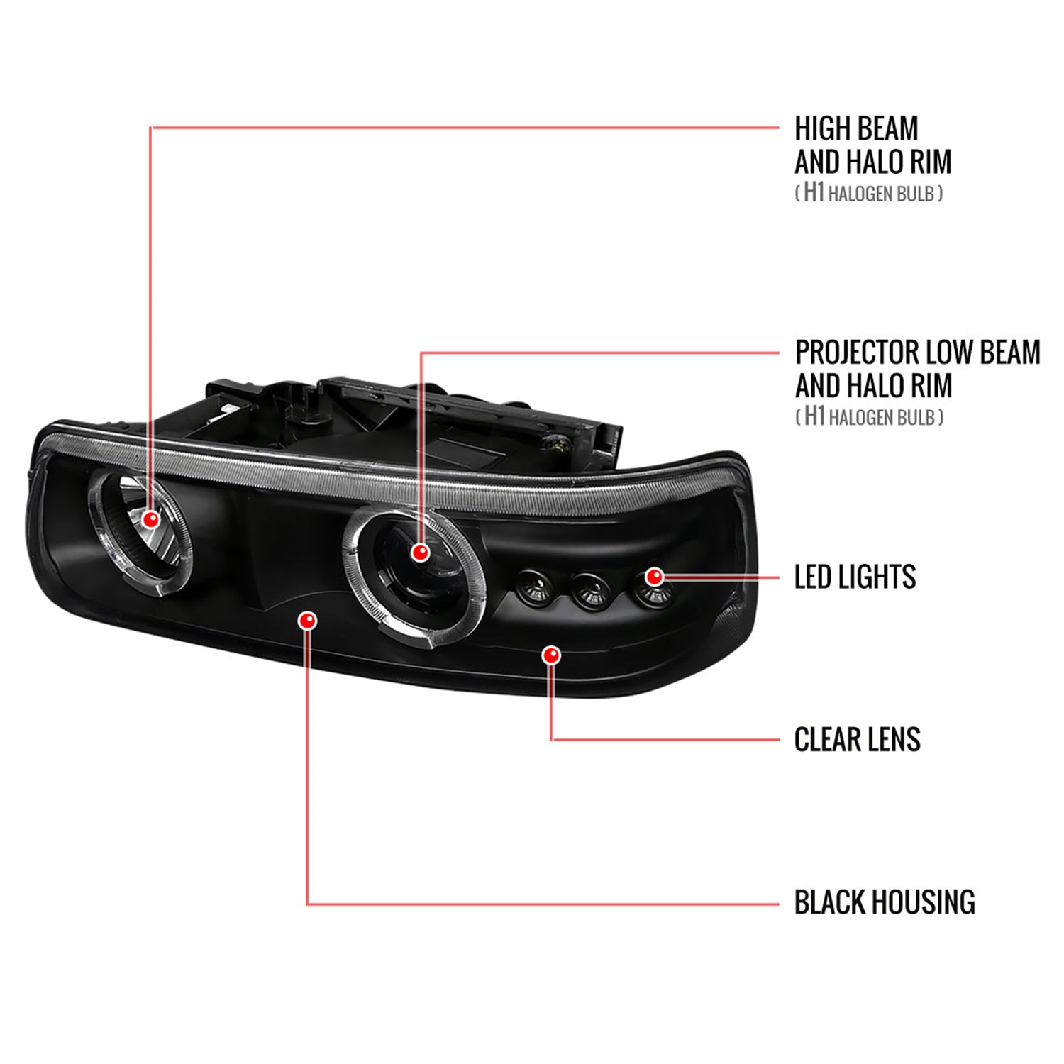1999-2002 Chevy Silverado/ Tahoe/Suburban Dual Halo Headlights LED Black