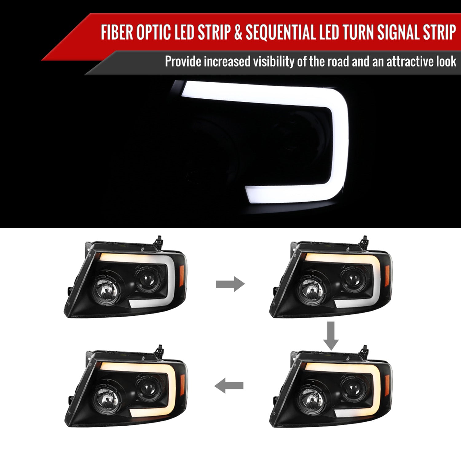 2004-2008 Ford F-150/Lincoln Mark LT LED CBar Projector Headlights Black