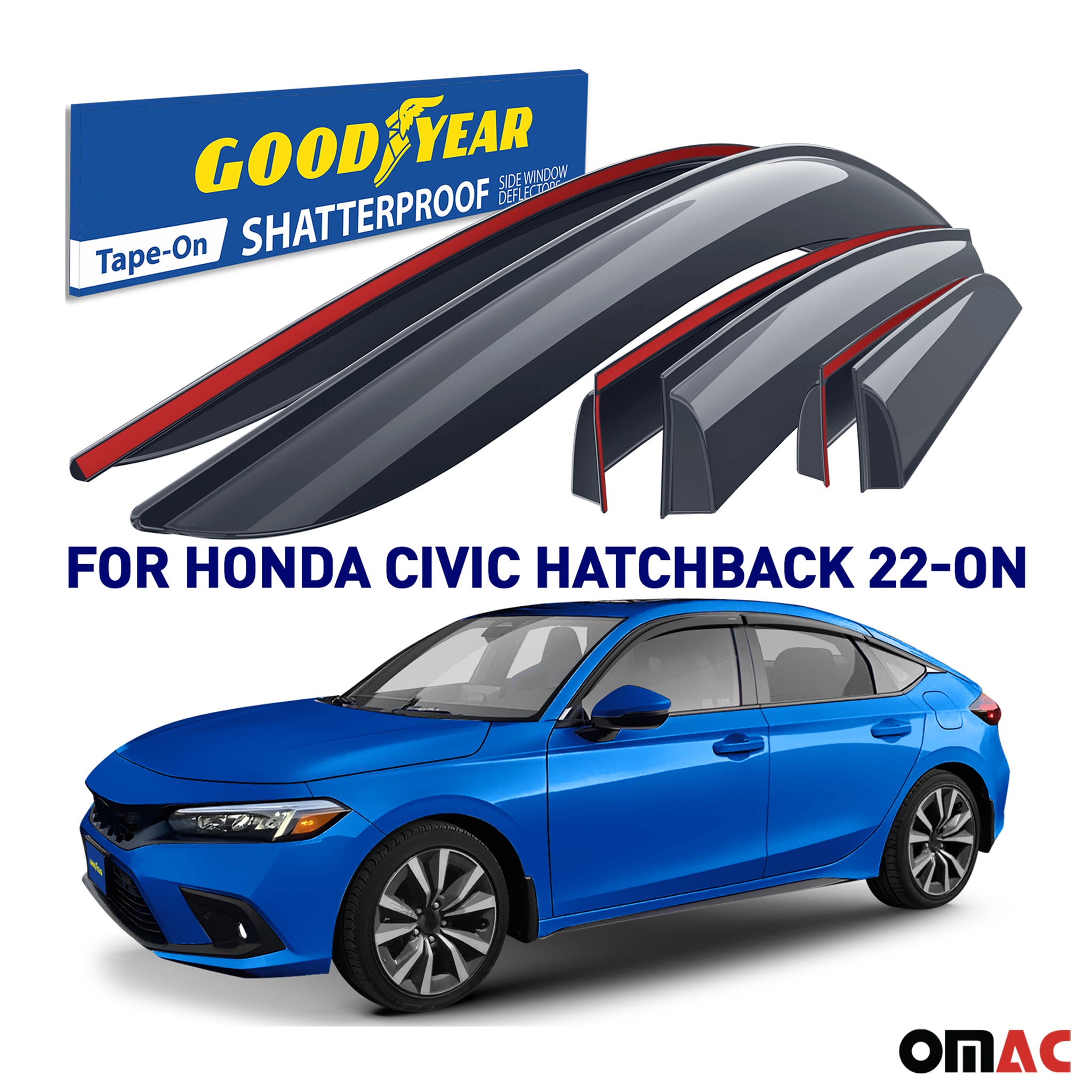 Goodyear Wind Deflectors for Honda Civic 2022-2025 Hatchback Tape-On Smoke 6 pcs