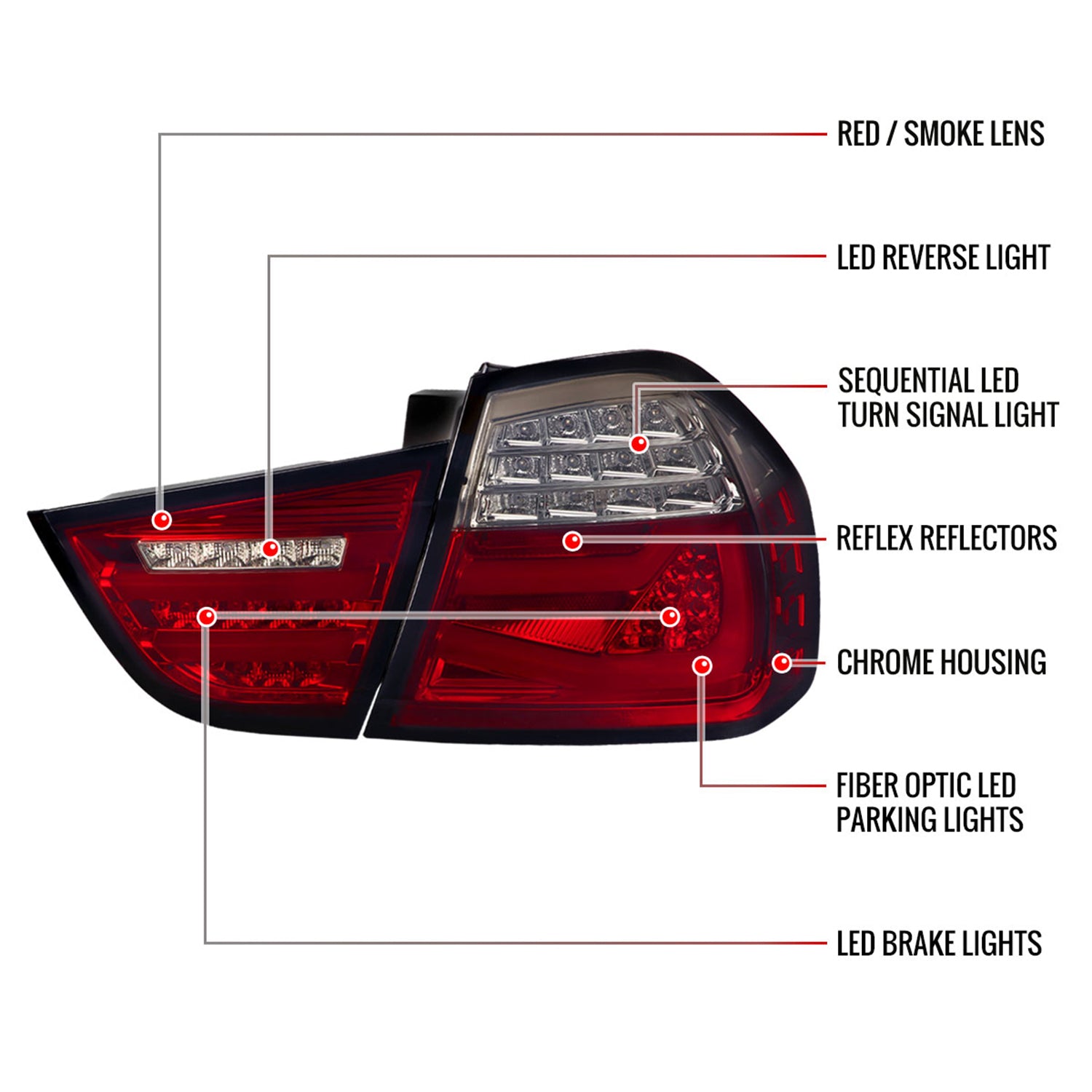 2009-2011 BMW E90 3-Series 4Dr Sedan Red LED Tail Light Chrome/Red Smoke Lens