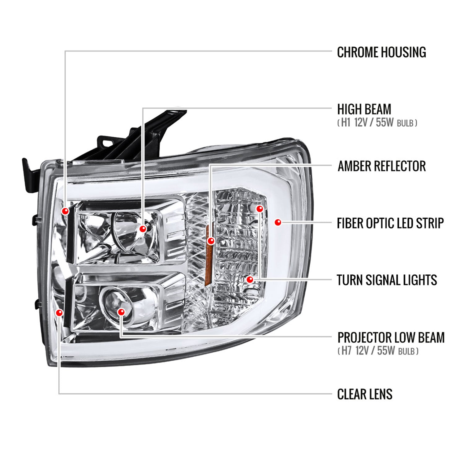 2007-2013 Chevy Silverado 1500/ 2500HD 3500HD LED C-Bar Headlights Chrome