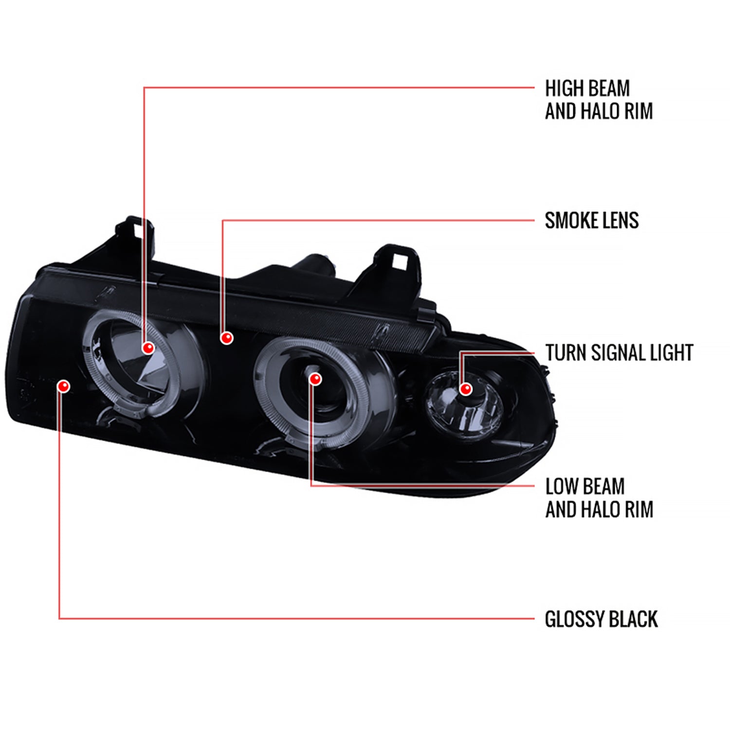 1992-1998 BMW E36 3 Series Coupe/Sedan Dual Halo Projector Headlights Smoke