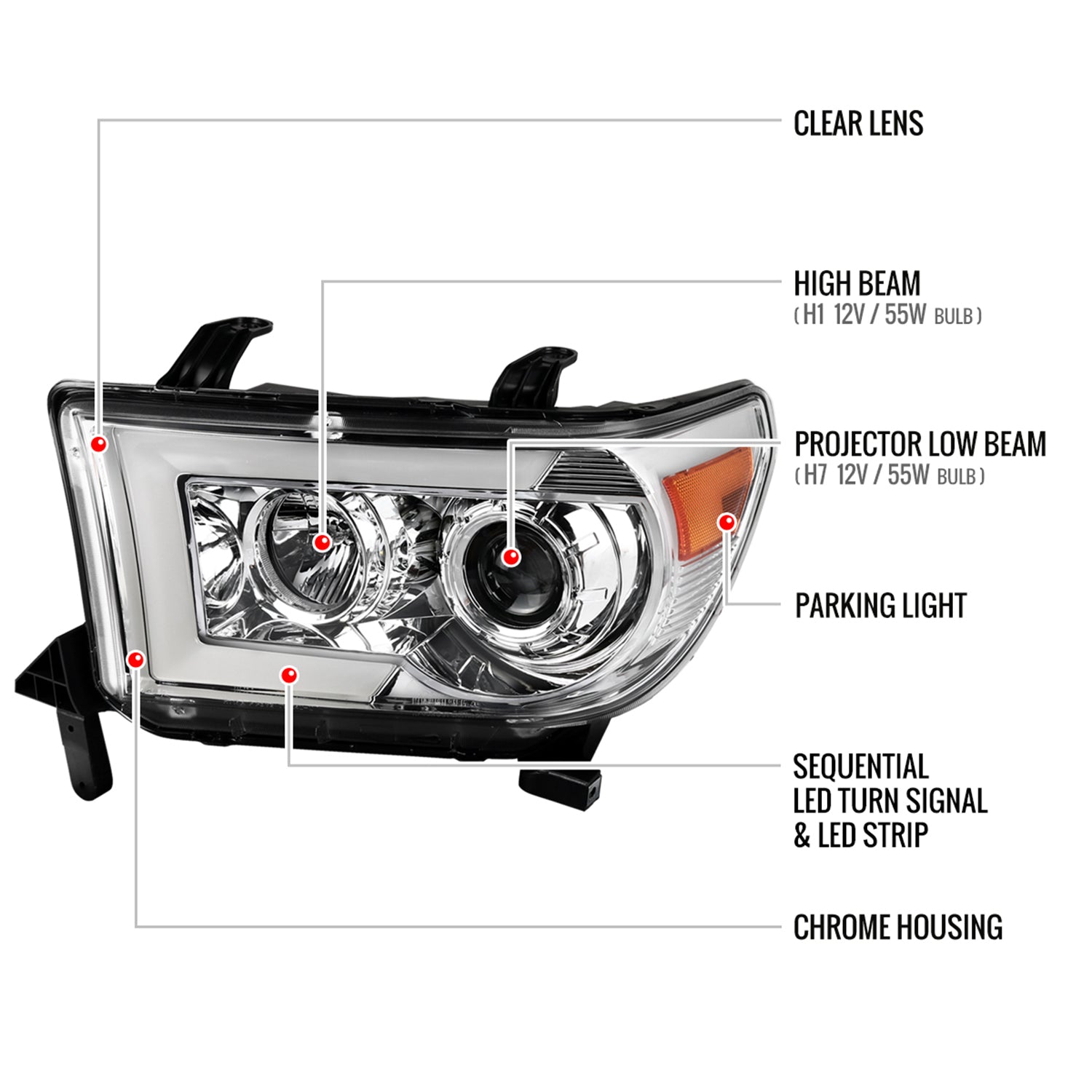 2007-2013 Toyota Tundra/ 08-2017 Sequoia LED CBar Projector Headlights Chrome