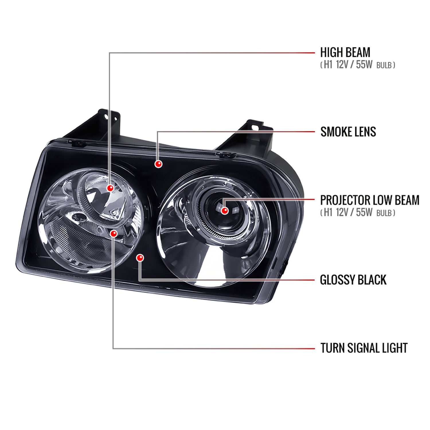 2005-2010 Chrysler 300 Base/LX/Touring Projector Headlights Glossy Black/Smoke