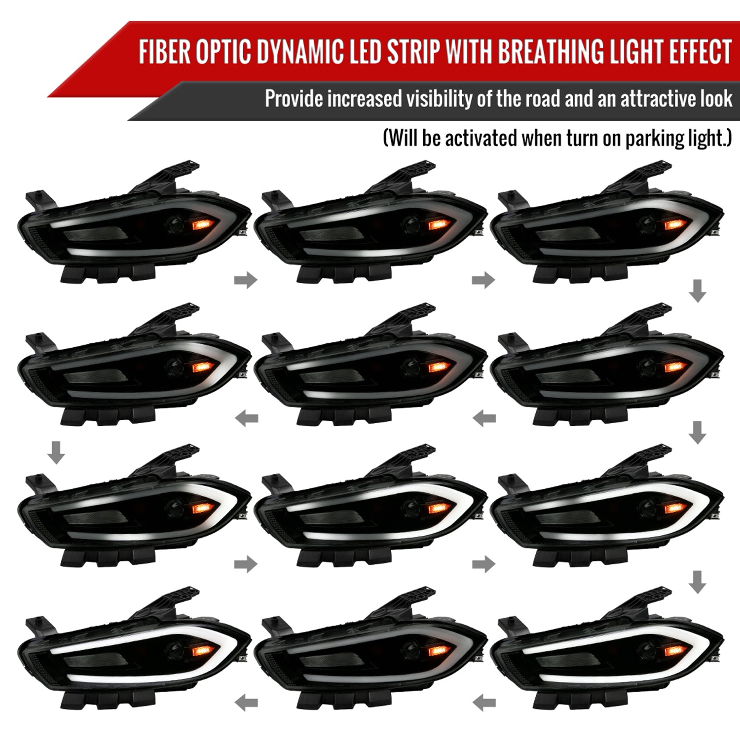 2013-2016 Dodge Dart Sequential Animated LED Bar Projector Headlights Smoke