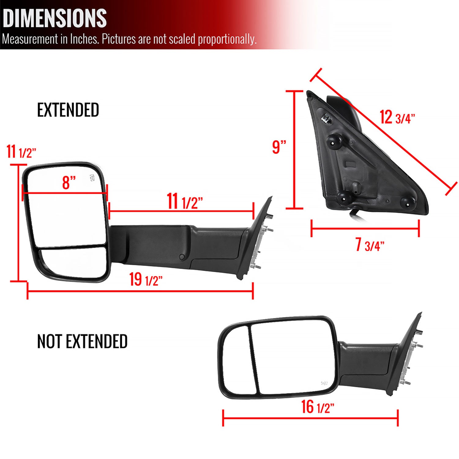 2009-2012 Dodge RAM 1500 Adjustable Heated & Manual Extendable Towing Mirrors