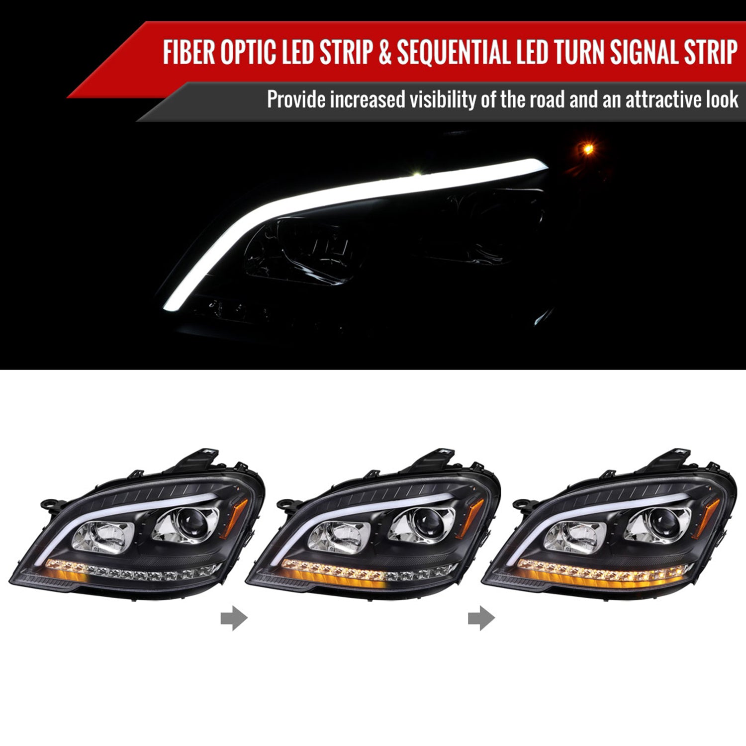 2009-2011 Mercedes W164 ML-Class LED Sequetial Signal Headlights Matte Black