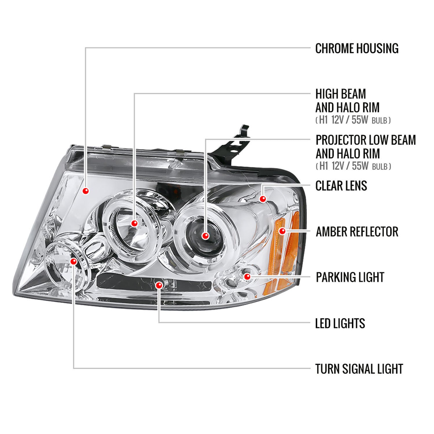 2004-2008 Ford F-150/ 06-2008 Lincoln Mark LT Dual Halo Headlights Chrome