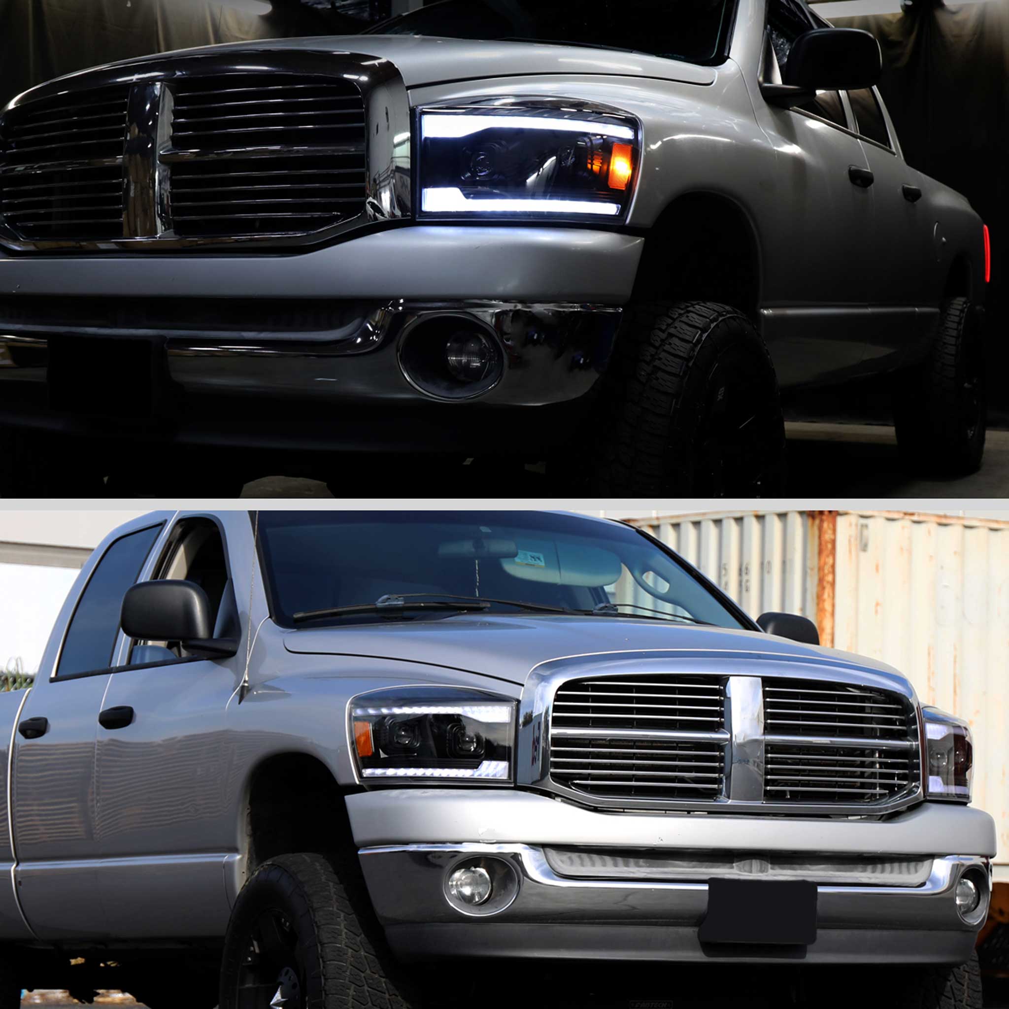 For Dodge RAM 1500 2006-08 / RAM 2500 3500 2006-09 Headlights LED Strip Turn Signals DRL Startup Animation Black Housing Clear Lens
