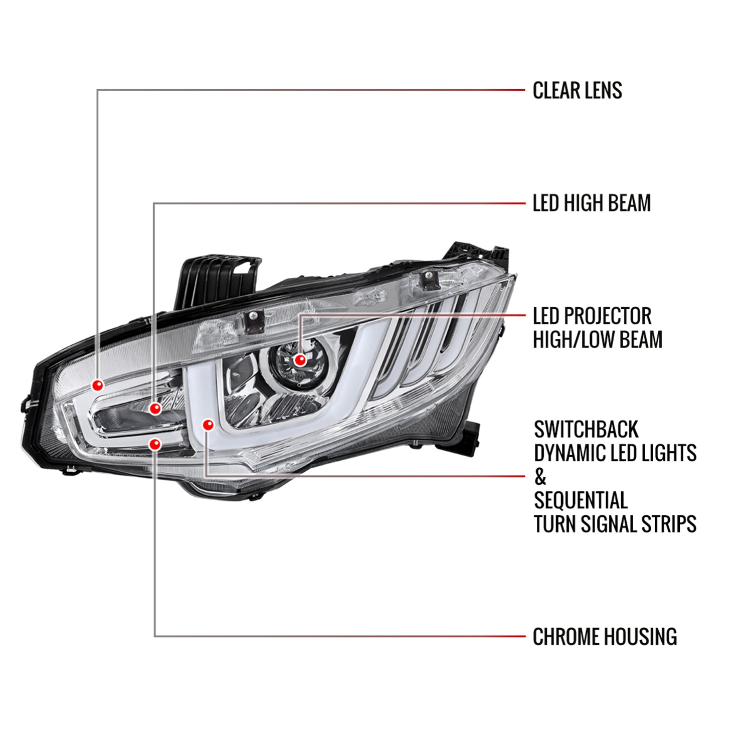 2016-2021 Honda Civic Full LED Projector Headlights Turn Signal Chrome