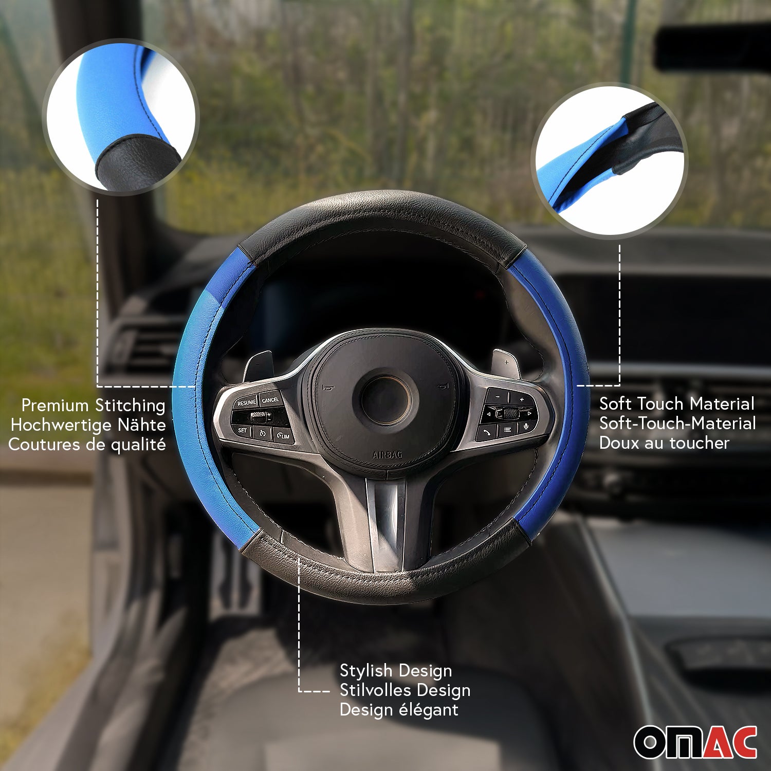 14.5-15.5’’ Steering Wheel Cover Blue Black Leather Anti-slip Breathable