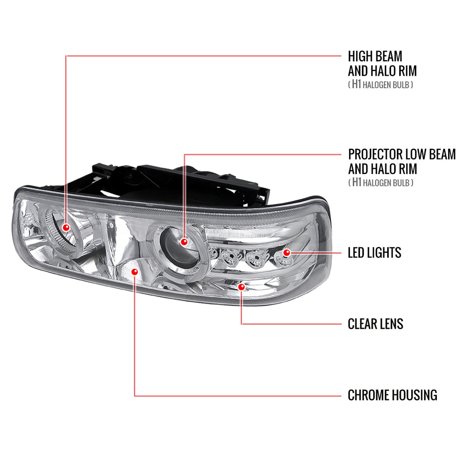 1999-2002 Chevy Silverado/ Tahoe/Suburban Dual Halo Headlights LED Chrome