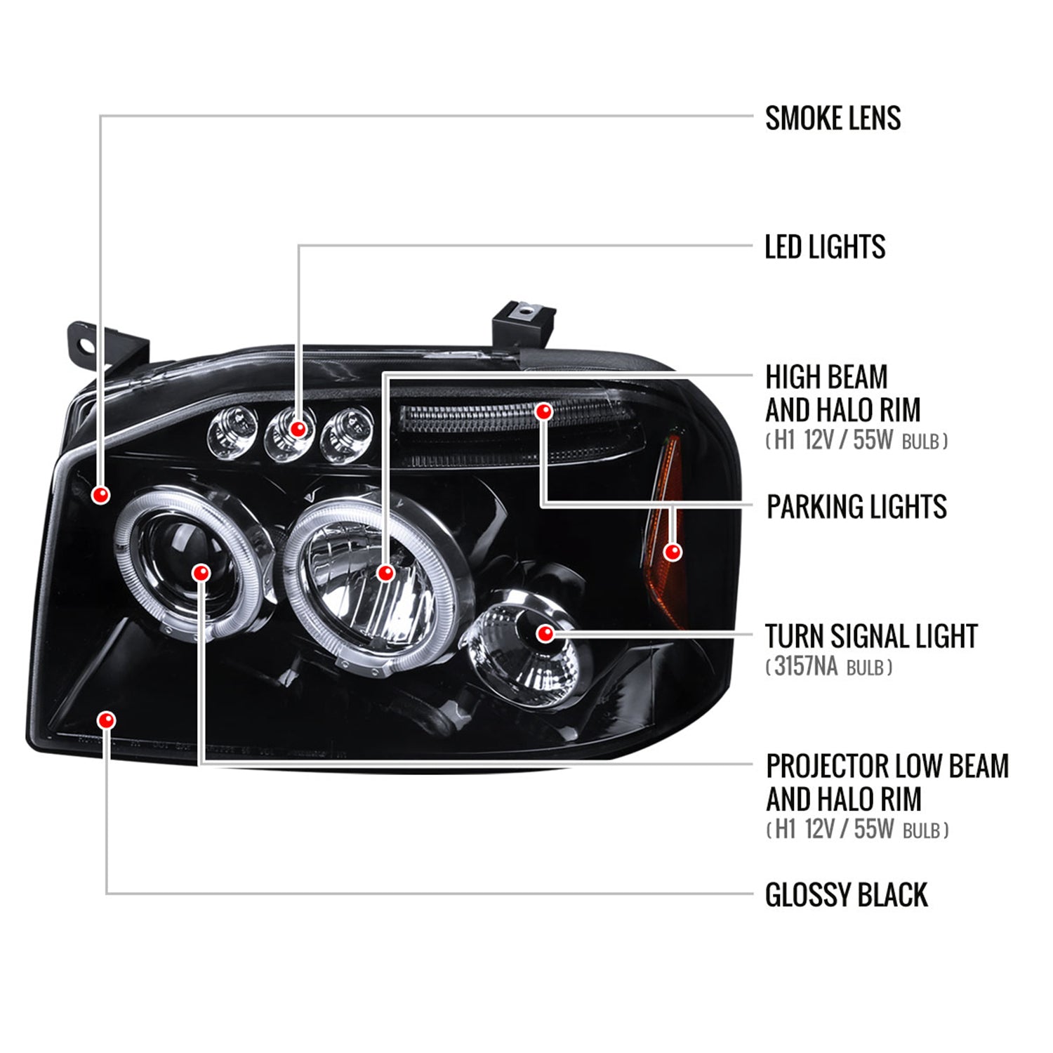 2001-2004 Nissan Frontier Dual Halo Projector Headlights Glossy Black/Smoke