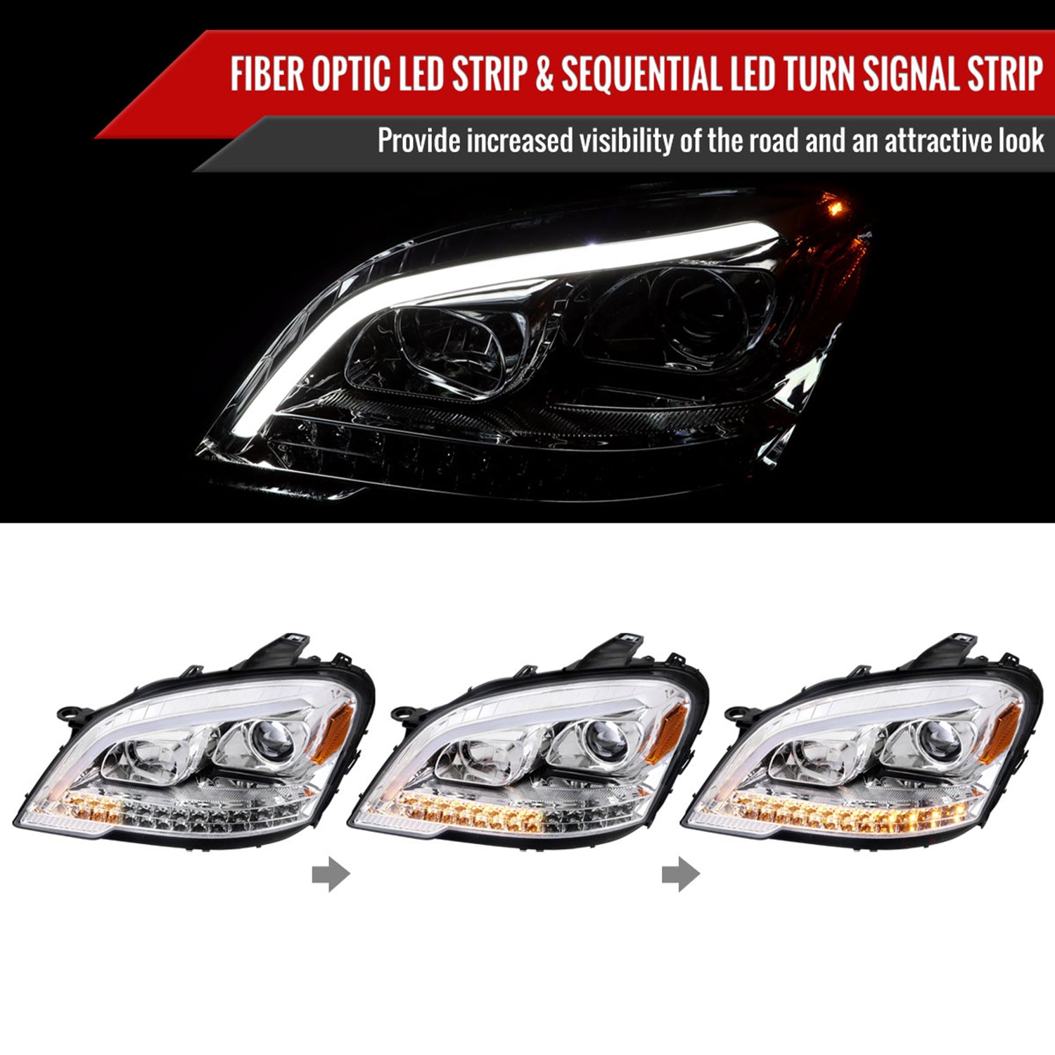 2009-2011 Mercedes Benz W164 ML-Class LED Sequetial Signal Headlights Chrome