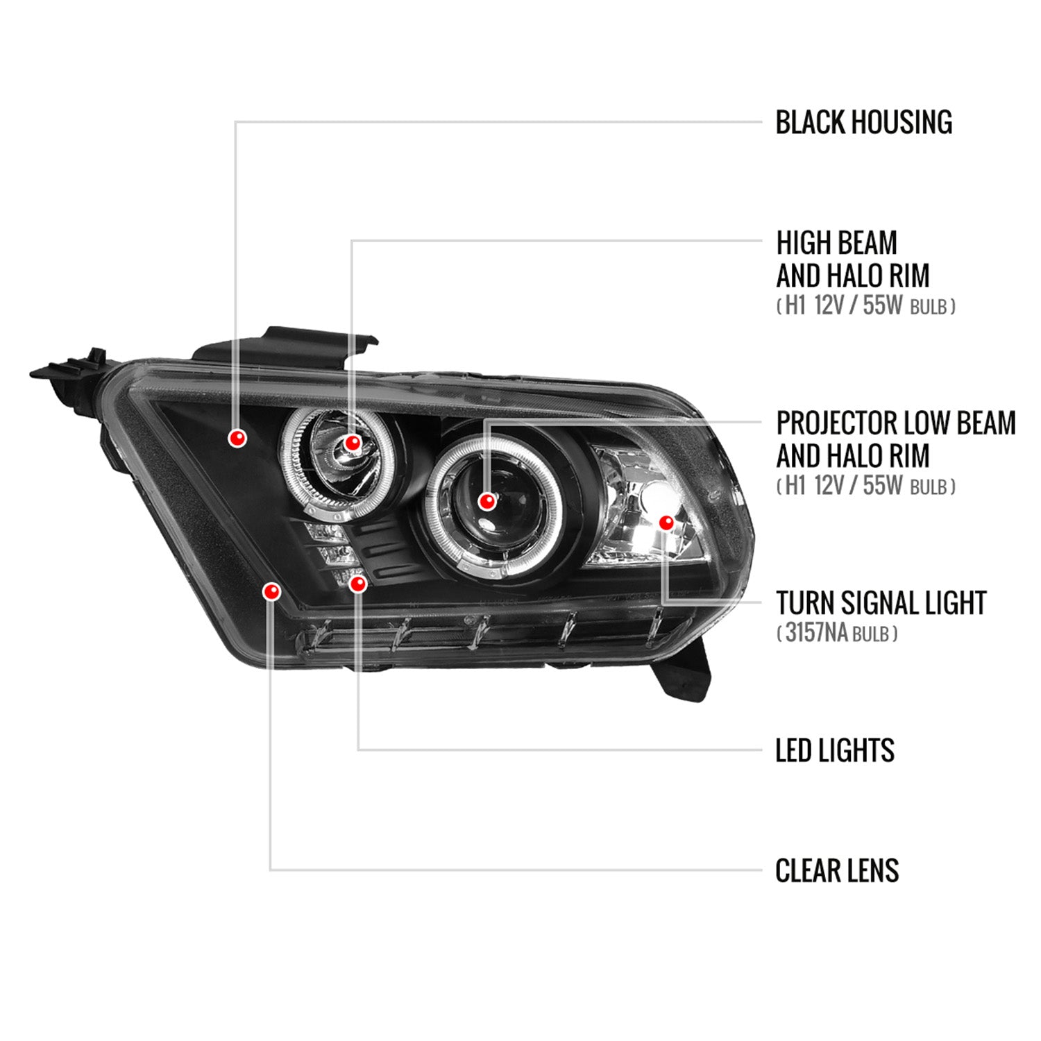 2010-2014 Ford Mustang Dual Halo Projector Headlights Matte Black/Clear Lens