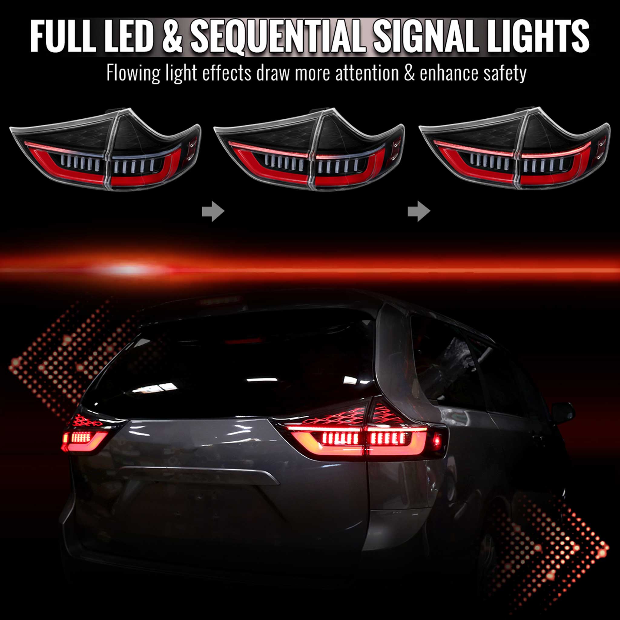 For Toyota Sienna 2015-2020 Full LED Tail Lights Sequential Red Fiber Optic Black Clear Lens Startup