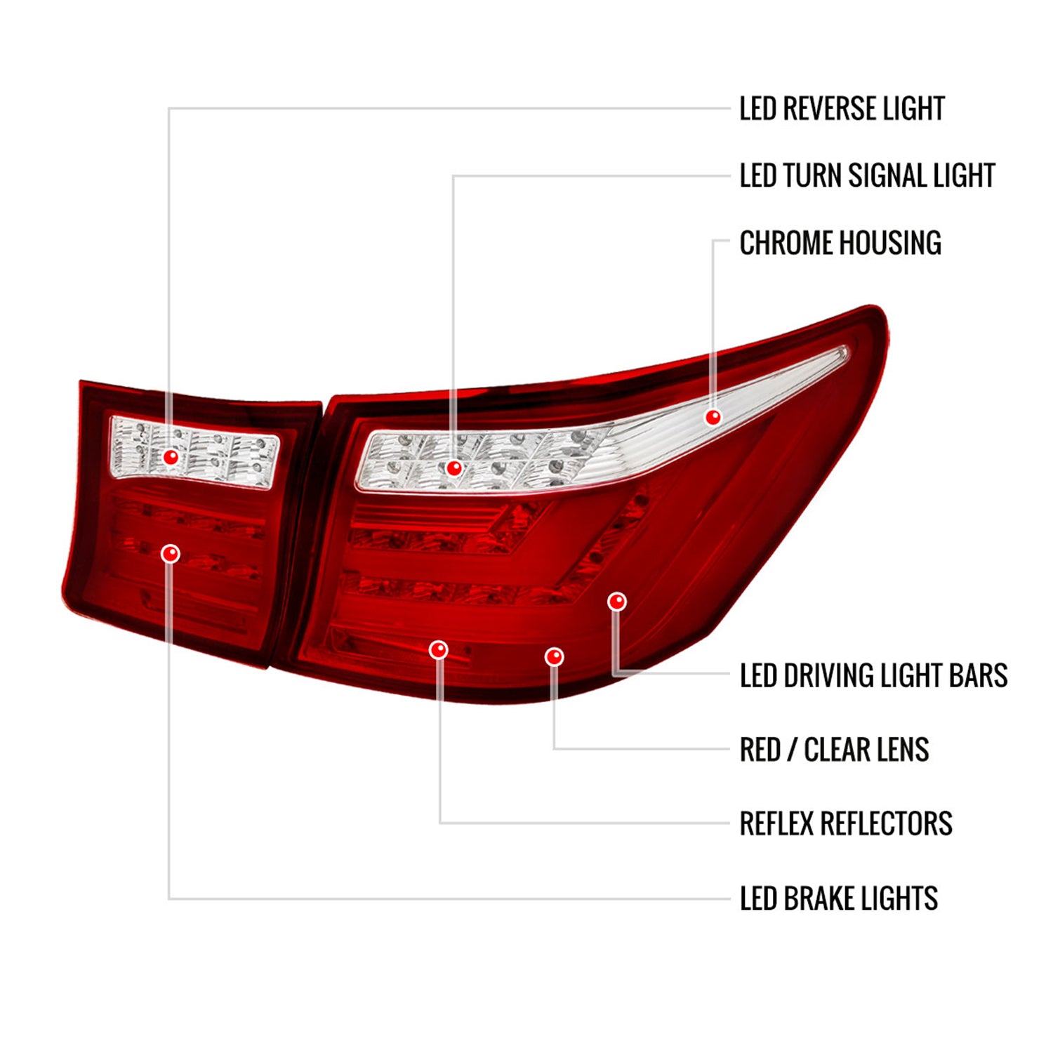 2007-2009 Lexus LS460 LED Tail Lights & Trunk Lights Chrome Housing/Red Lens