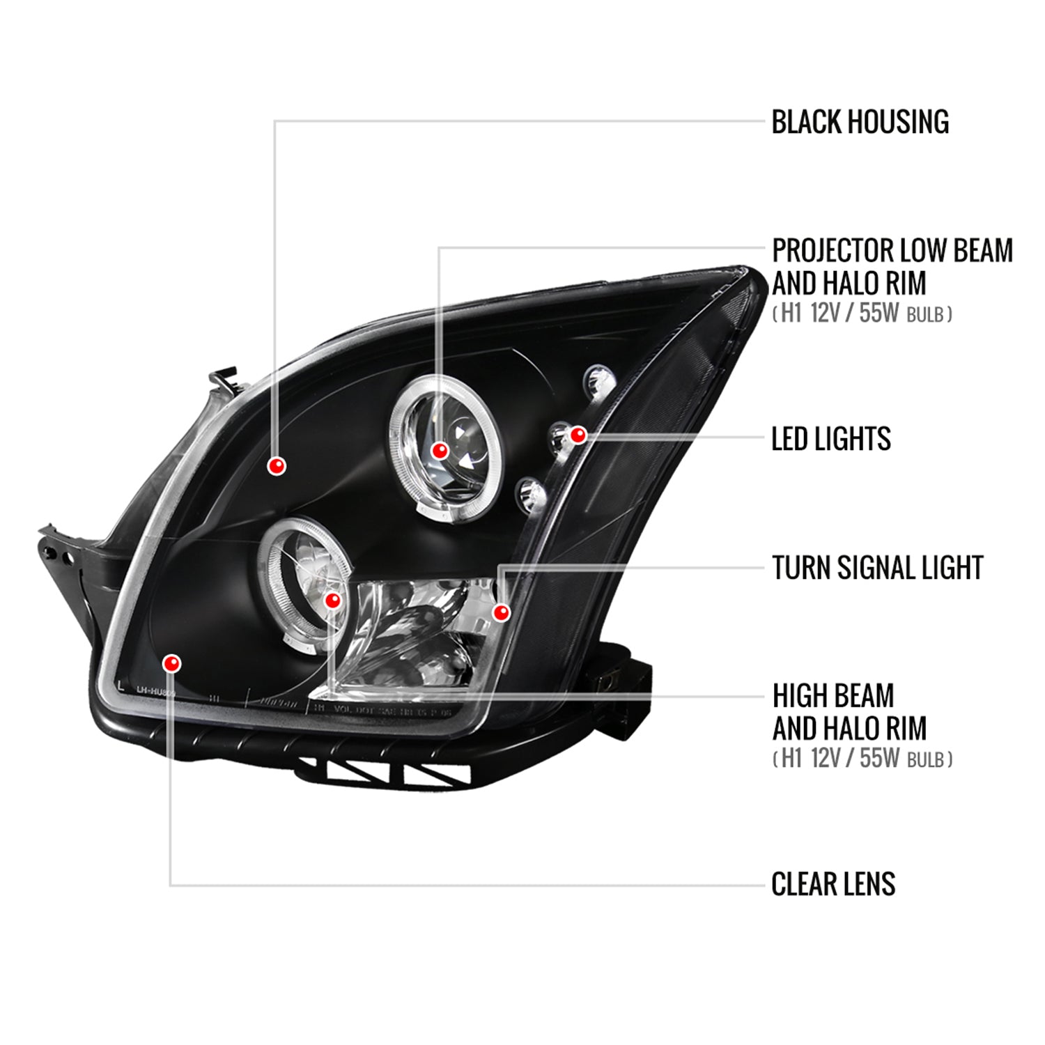 2006-2009 Ford Fusion Dual Halo Projector Headlights Matte Black/Clear Lens