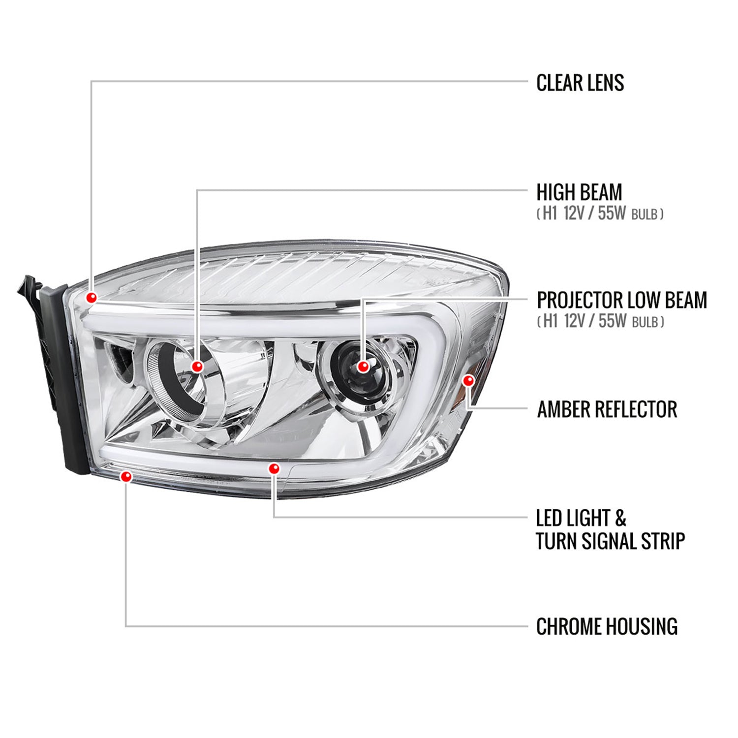 2006-2008 Dodge RAM 1500/ 06-2009 2500 3500 LED CBar Projector Headlights Chrome