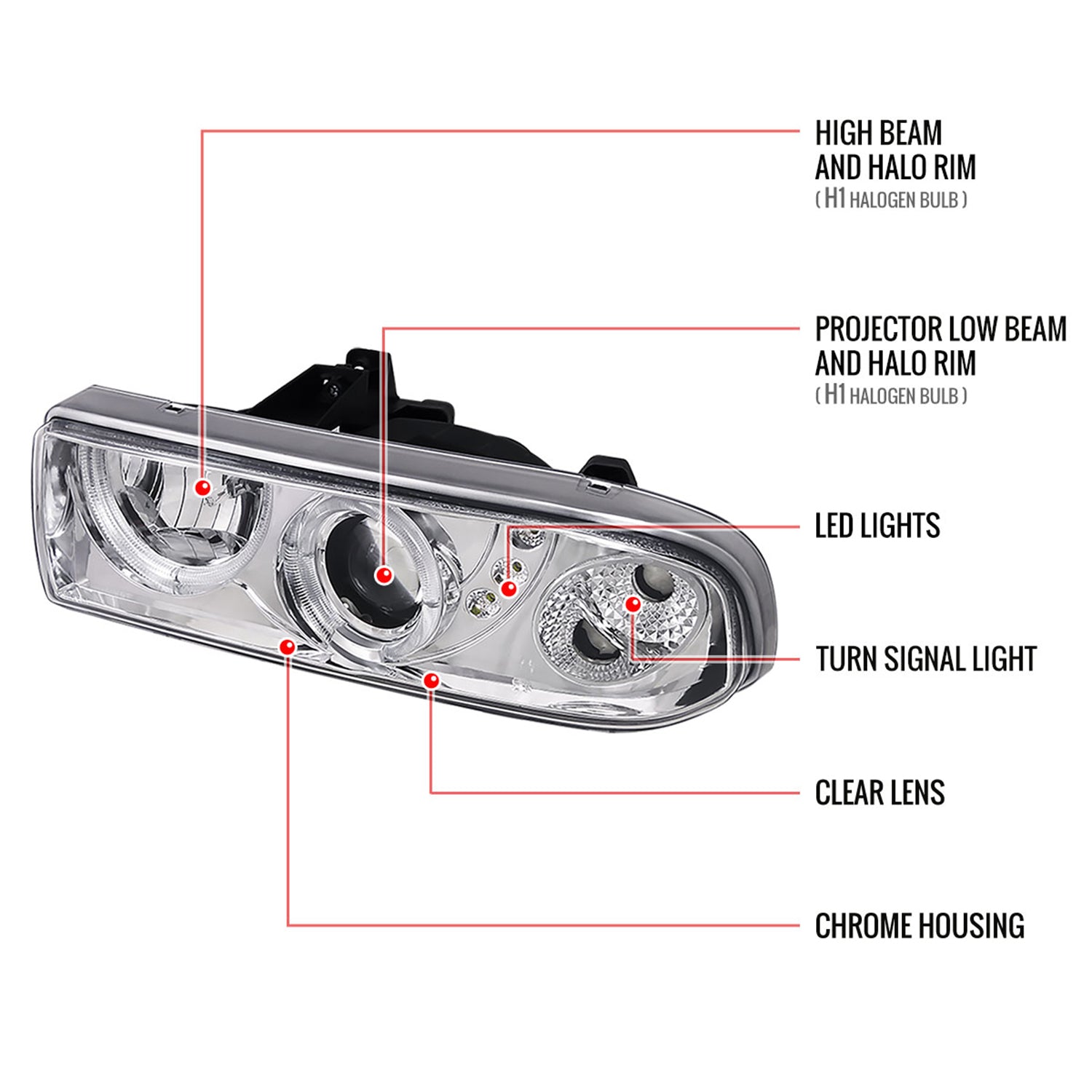 1998-2004 Chevy S10 Blazer Dual Halo Projector Headlights Bumper Lights Chrome