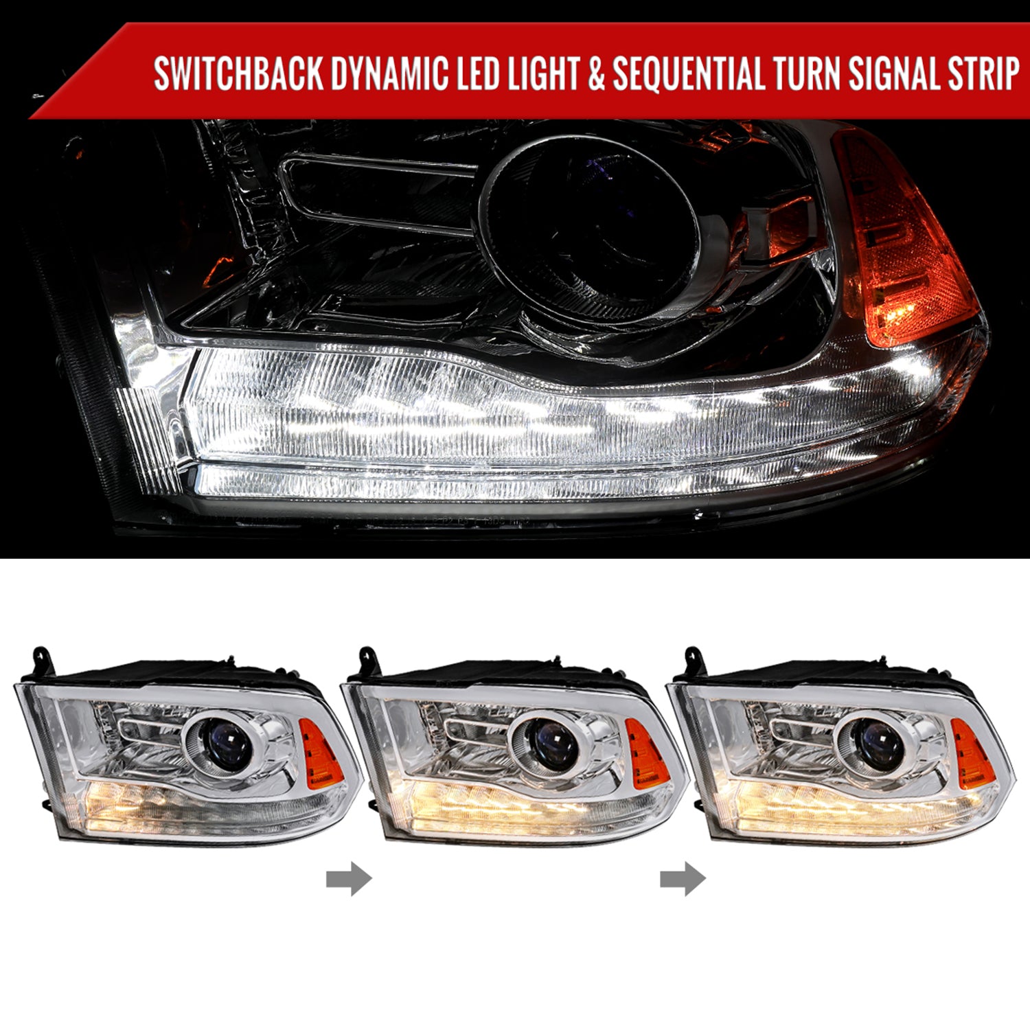 2013-2018 RAM 1500 2500 3500 Sequential LED Signal Projector Headlights Chrome
