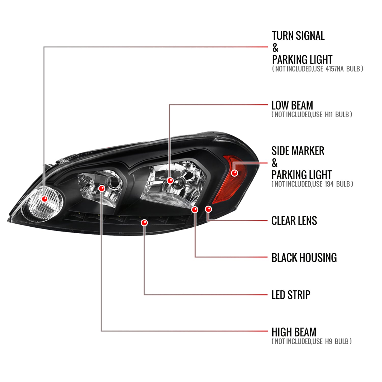 2006-2013 Chevy Impala /Impala Limited /06-2007 Monte Carlo Headlights LED Black