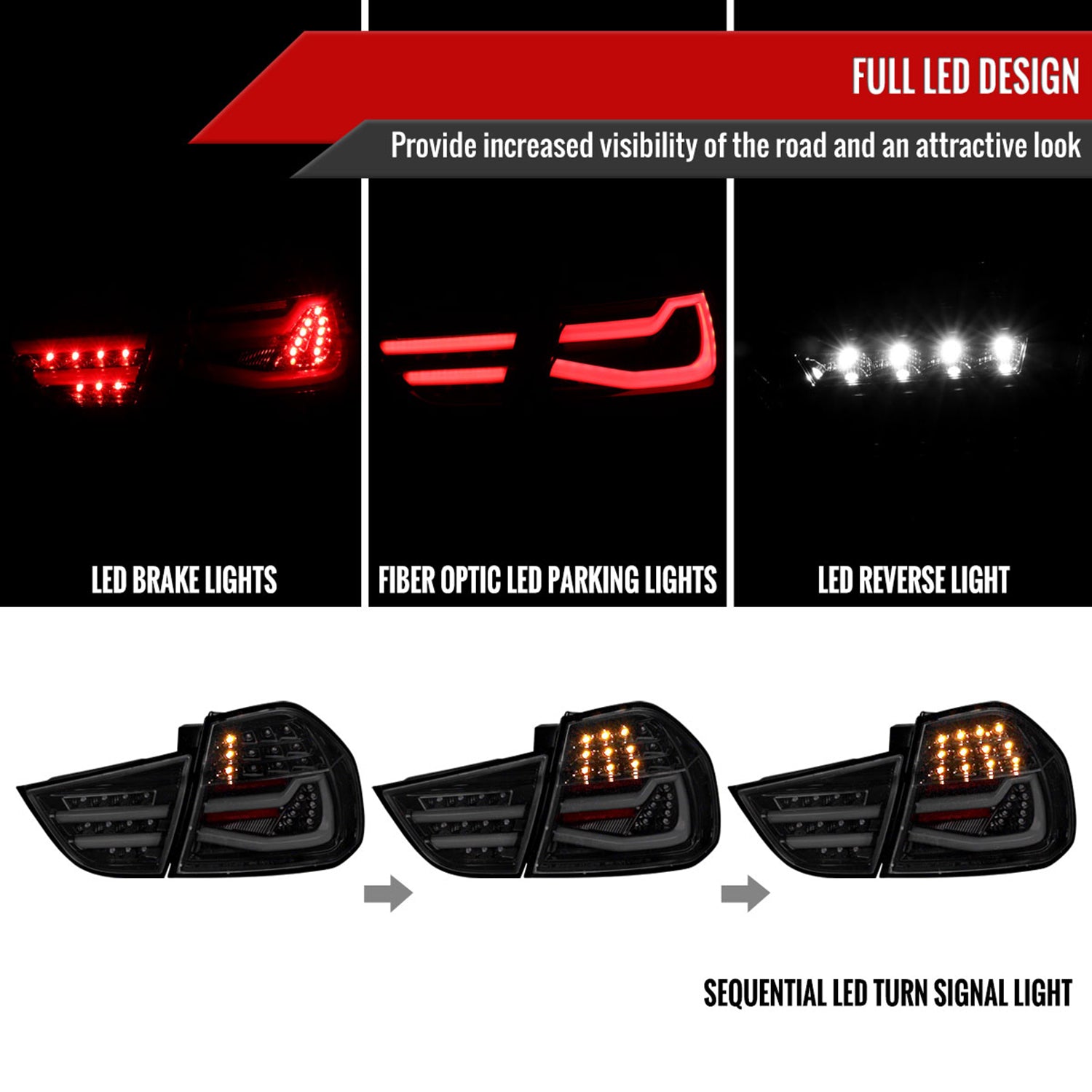 2009-2011 BMW E90 3-Series 4Dr Sedan Red LED Tail Light Glossy Black/Clear