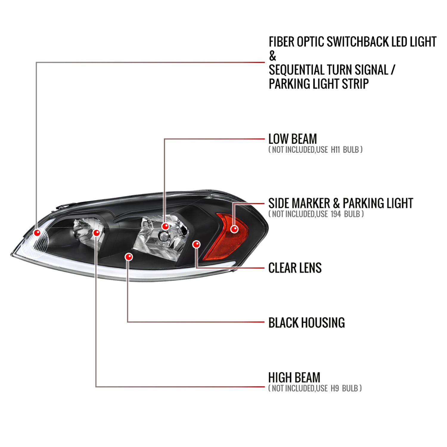 2006-2013 Chevy Impala/Impala Limited/Monte Carlo LED Factory Headlights Black