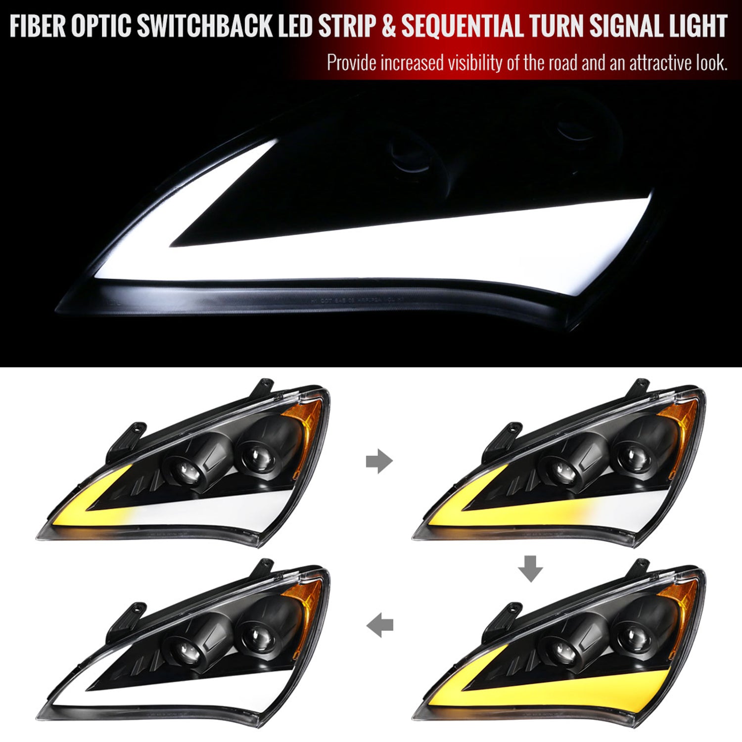 2010-2012 Hyundai Genesis Coupe Sequential LED Bar Projector Headlights Black