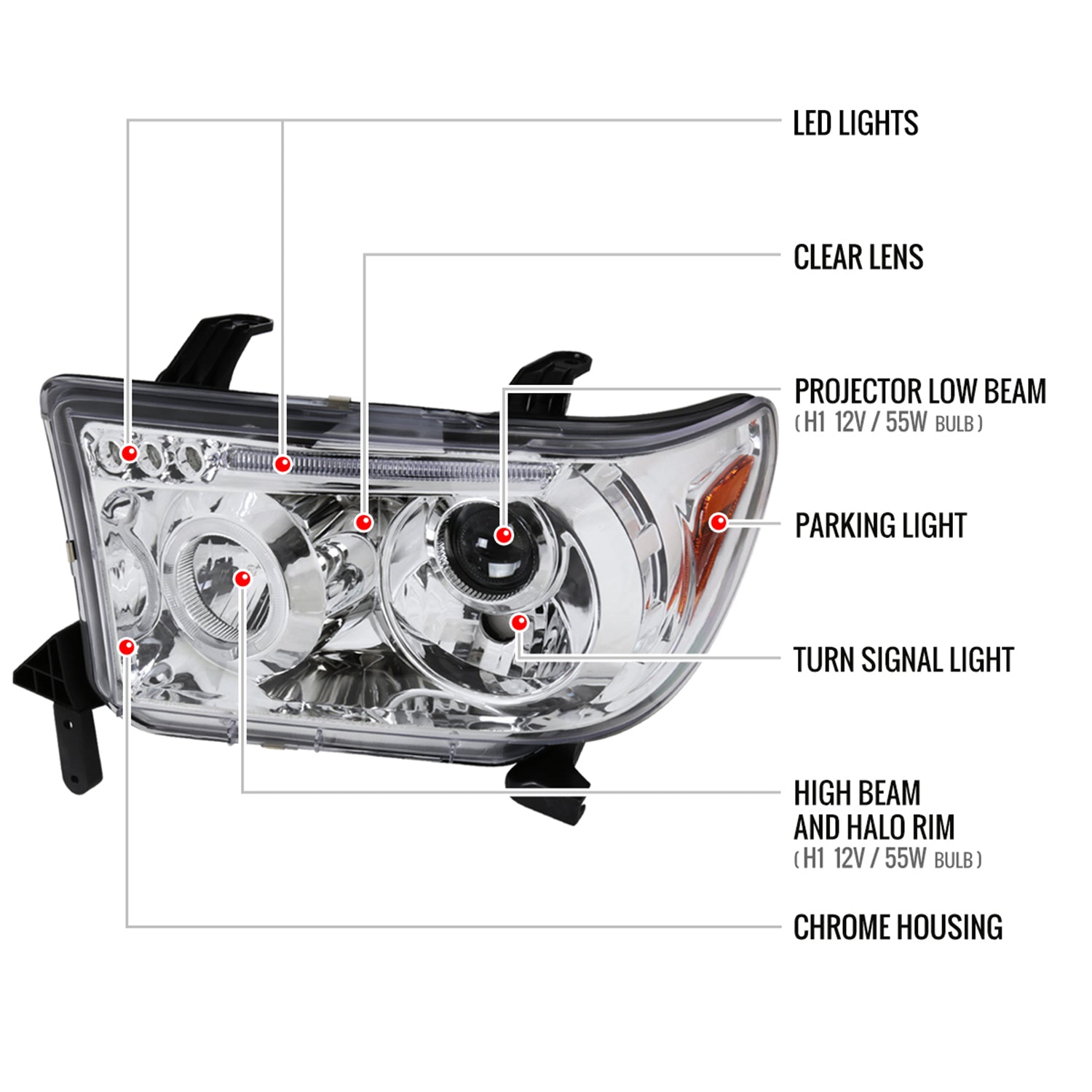 2007-2013 Toyota Tundra/ 08-2017 Sequoia Single Halo Projector Headlights Chrome