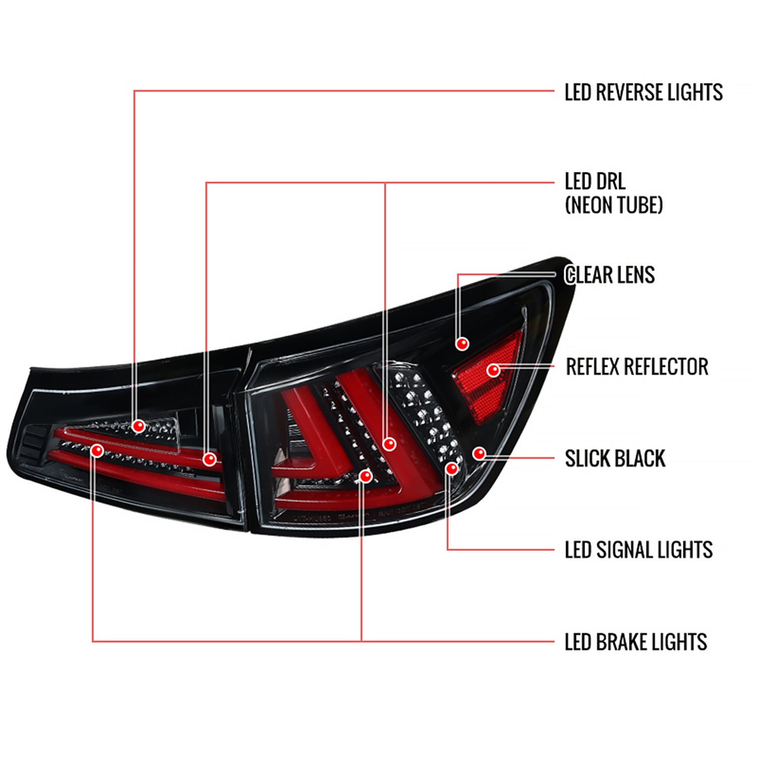 2006-2008 Lexus IS250/IS350 LED Tail Lights & Trunk Lights Jet Black/Clear