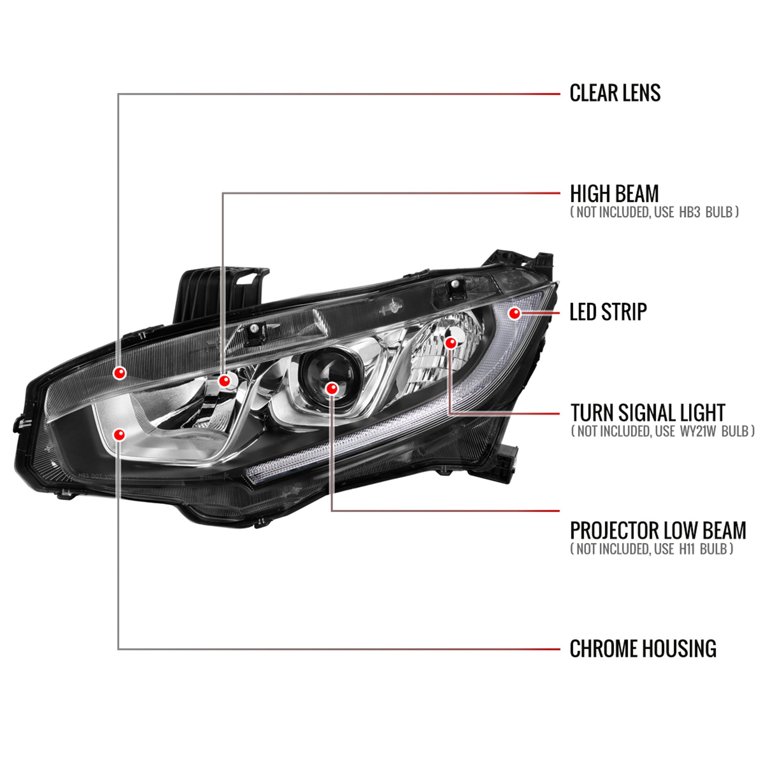 2016-2021 Honda Civic LED Strip Factory Projector Headlights Chrome/Clear