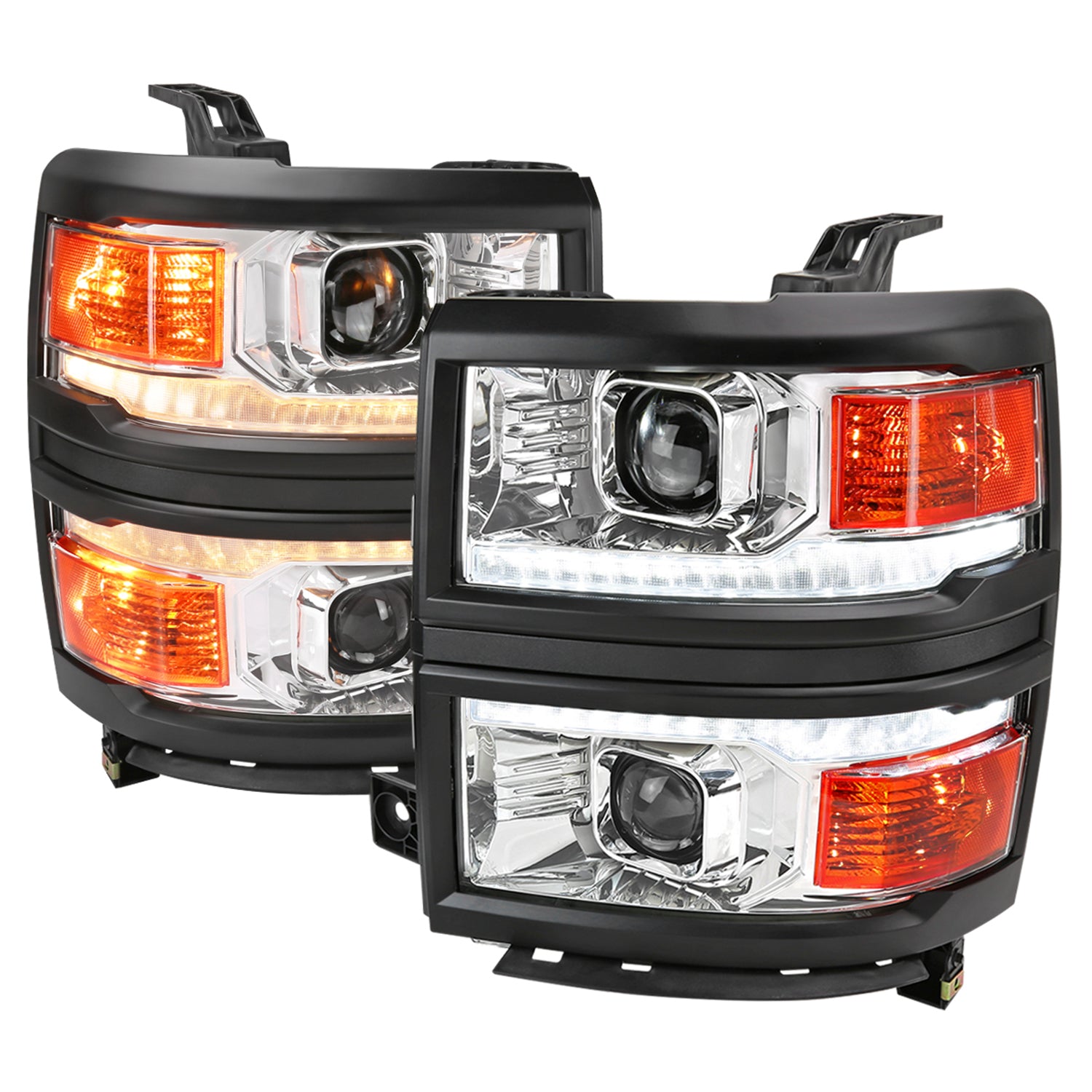 2014-2015 Chevy Silverado 1500 LED Bar Projector Headlights Chrome/Black Trim