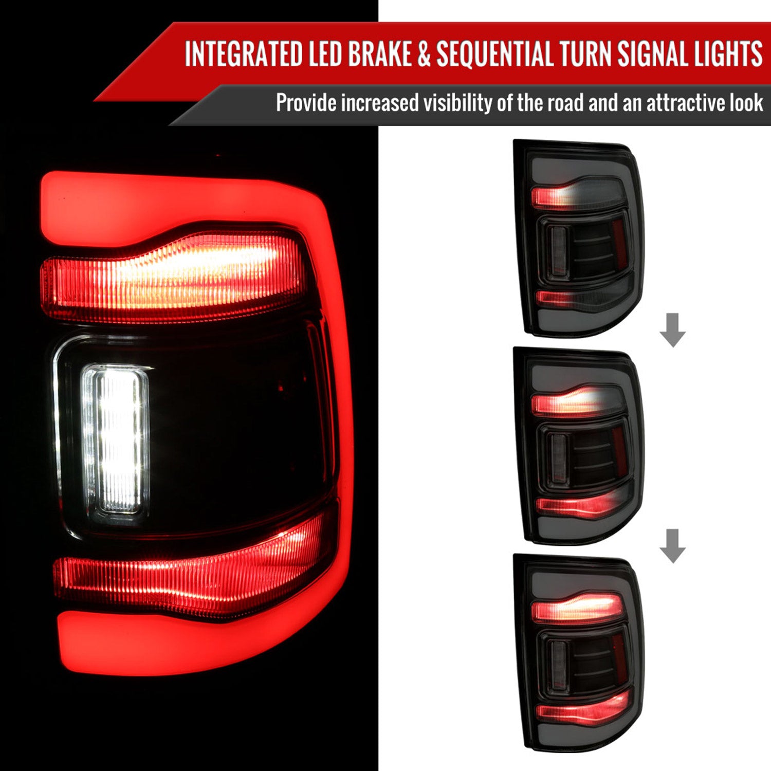 2013-2018 RAM 1500/2500/3500 Sequential Signal LED Tail Lights Black/Smoke