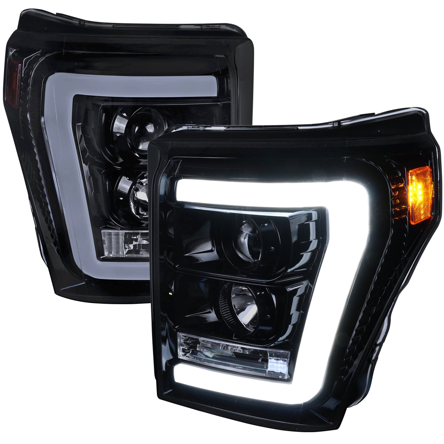 2011-2016 F-250/350/450/550 LED C-Bar Projector Headlights Glossy Black/Smoke