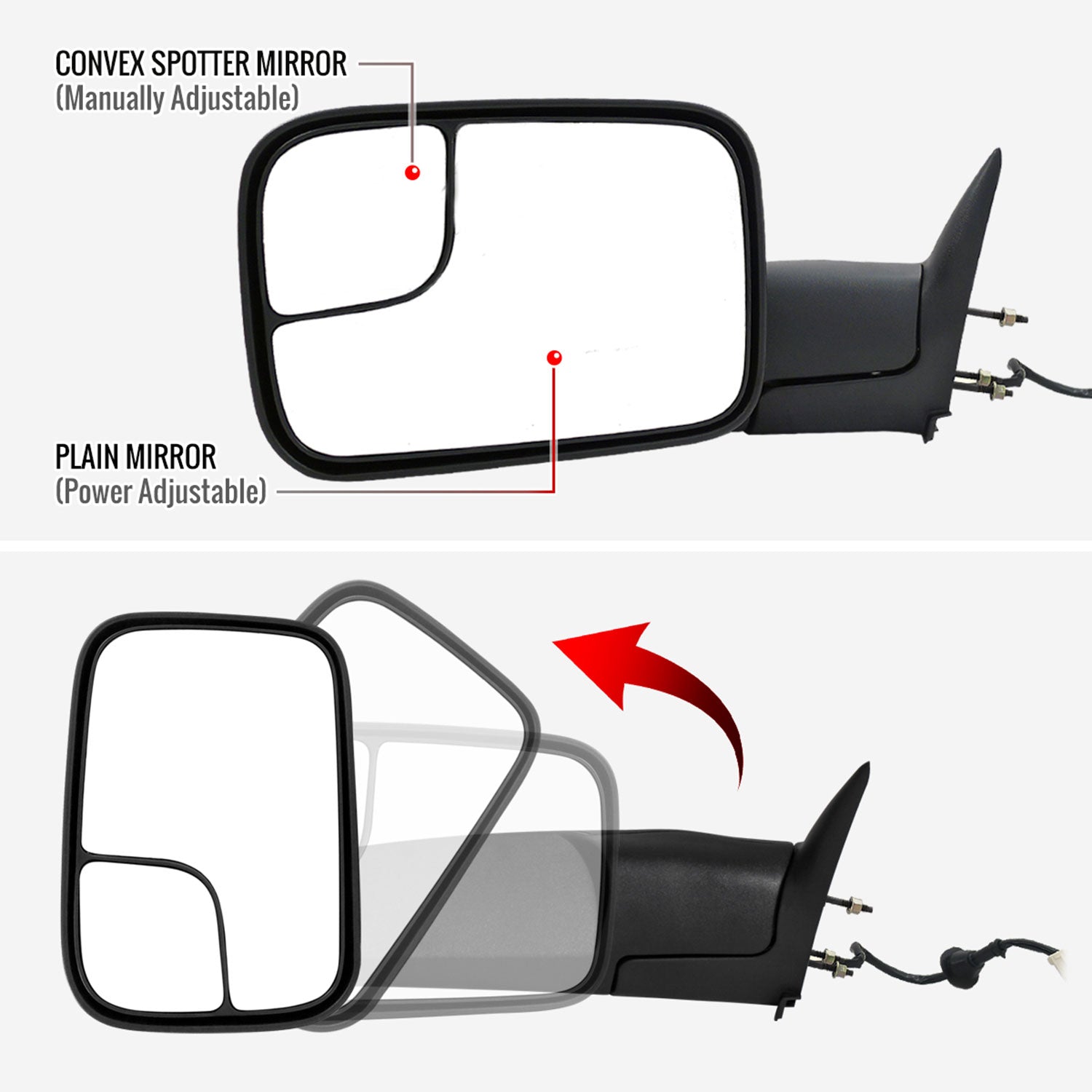 1998-2002 Dodge RAM Adjustable Heated Manual Fold & Extendable Towing Mirrors