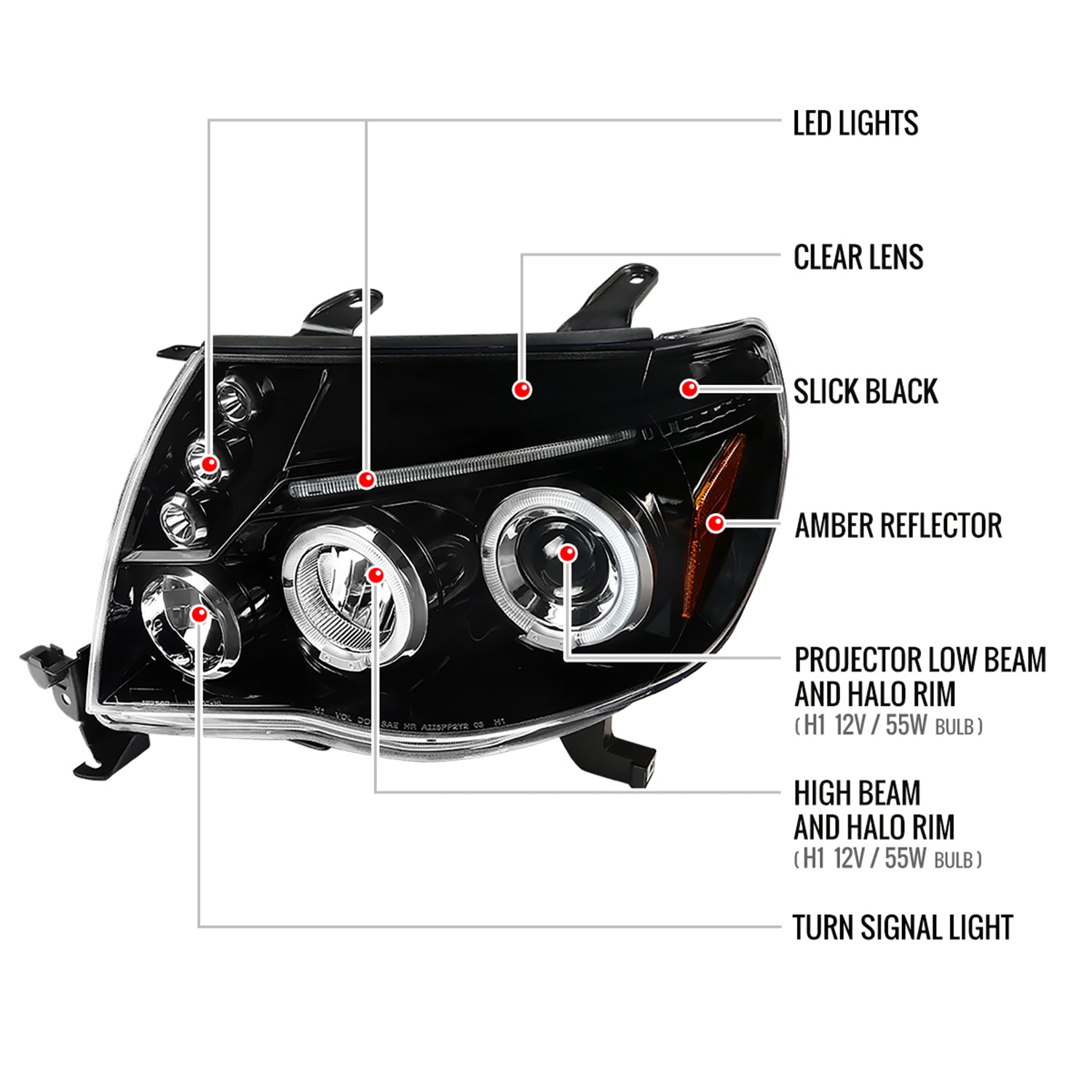 2005-2011 Toyota Tacoma Dual Halo Projector Headlights Jet Black/Clear Lens