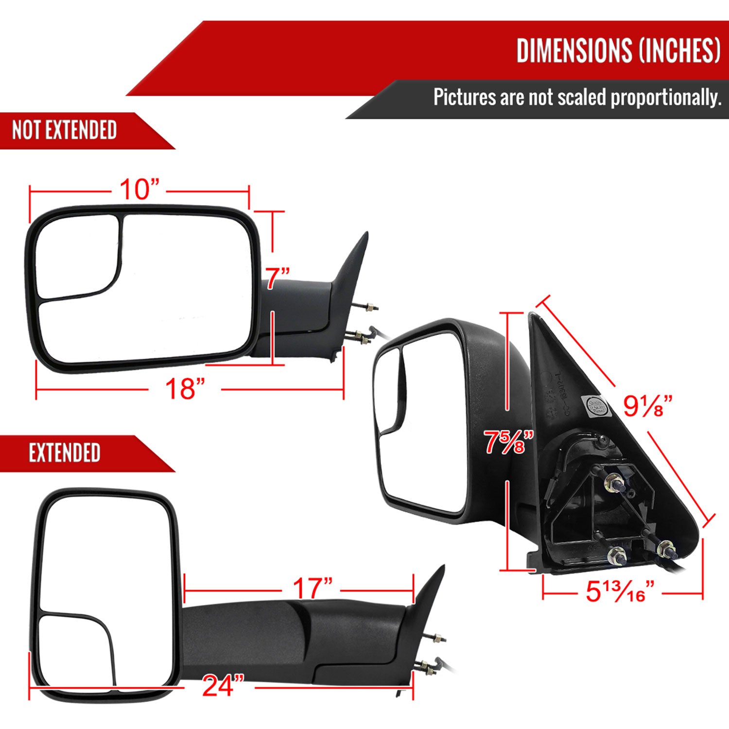 1998-2002 Dodge RAM Adjustable Heated Manual Fold & Extendable Towing Mirrors