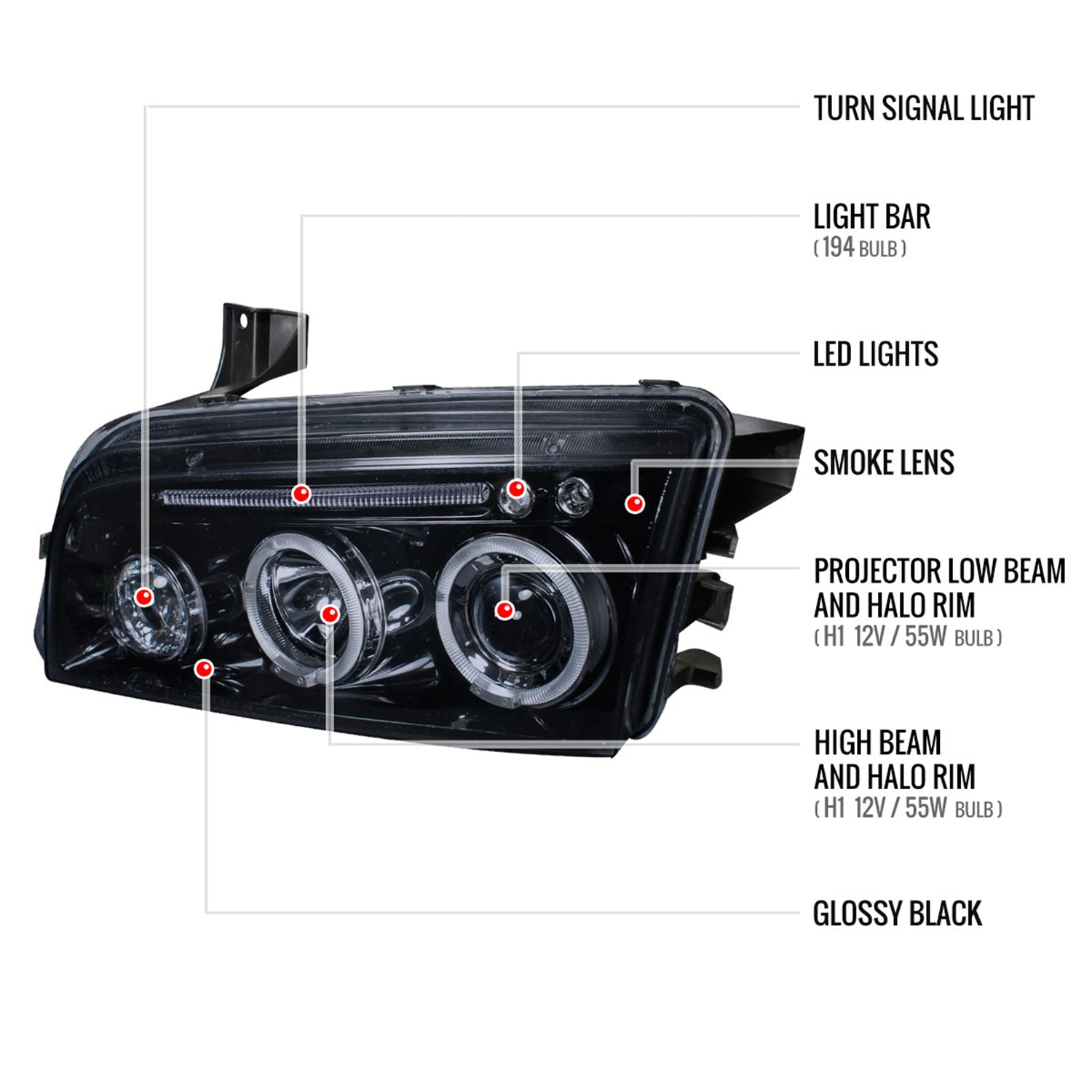 2005-2010 Dodge Charger Dual Halo Projector Headlights Glossy Black/Smoke Lens