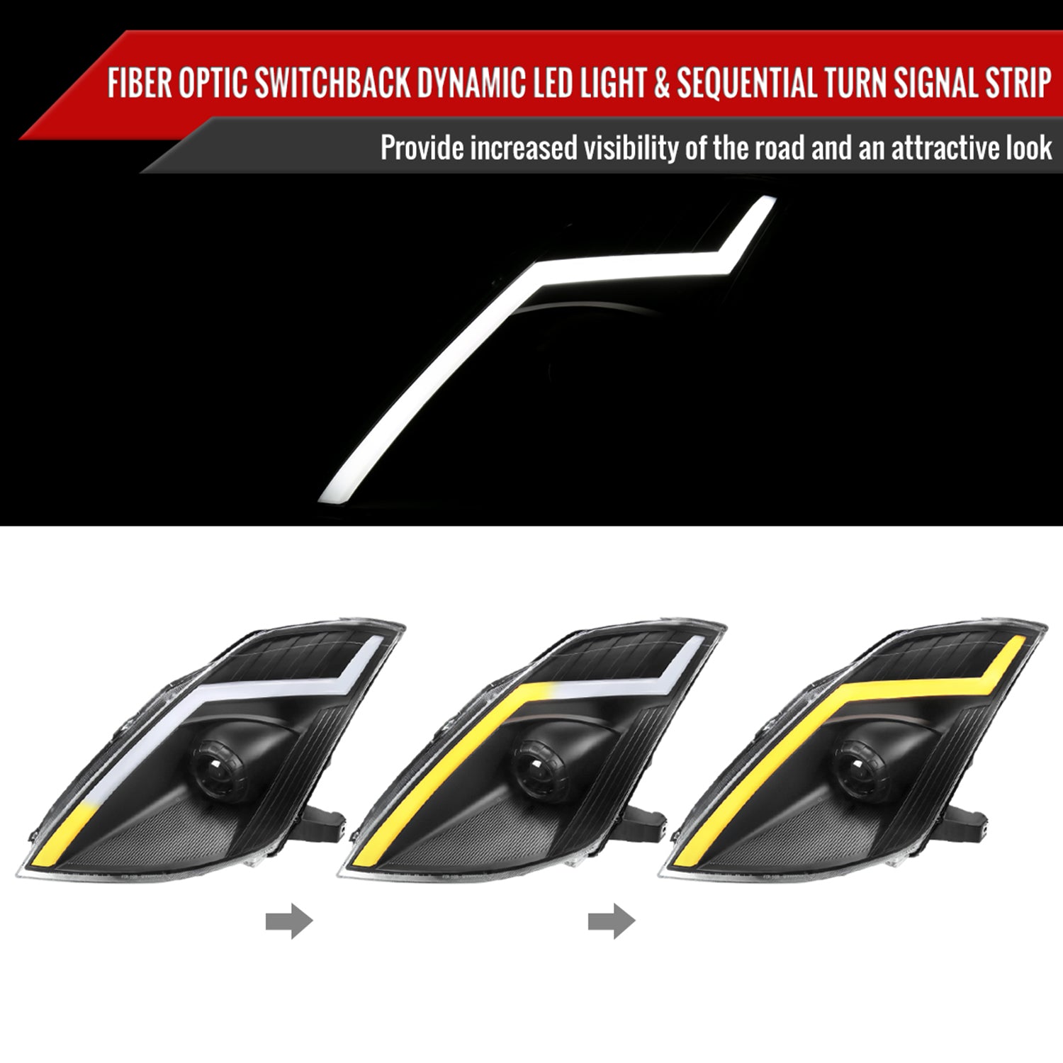 2006-2009 Nissan 350Z Turn Signal Animated LED Bar Projector Headlights Black