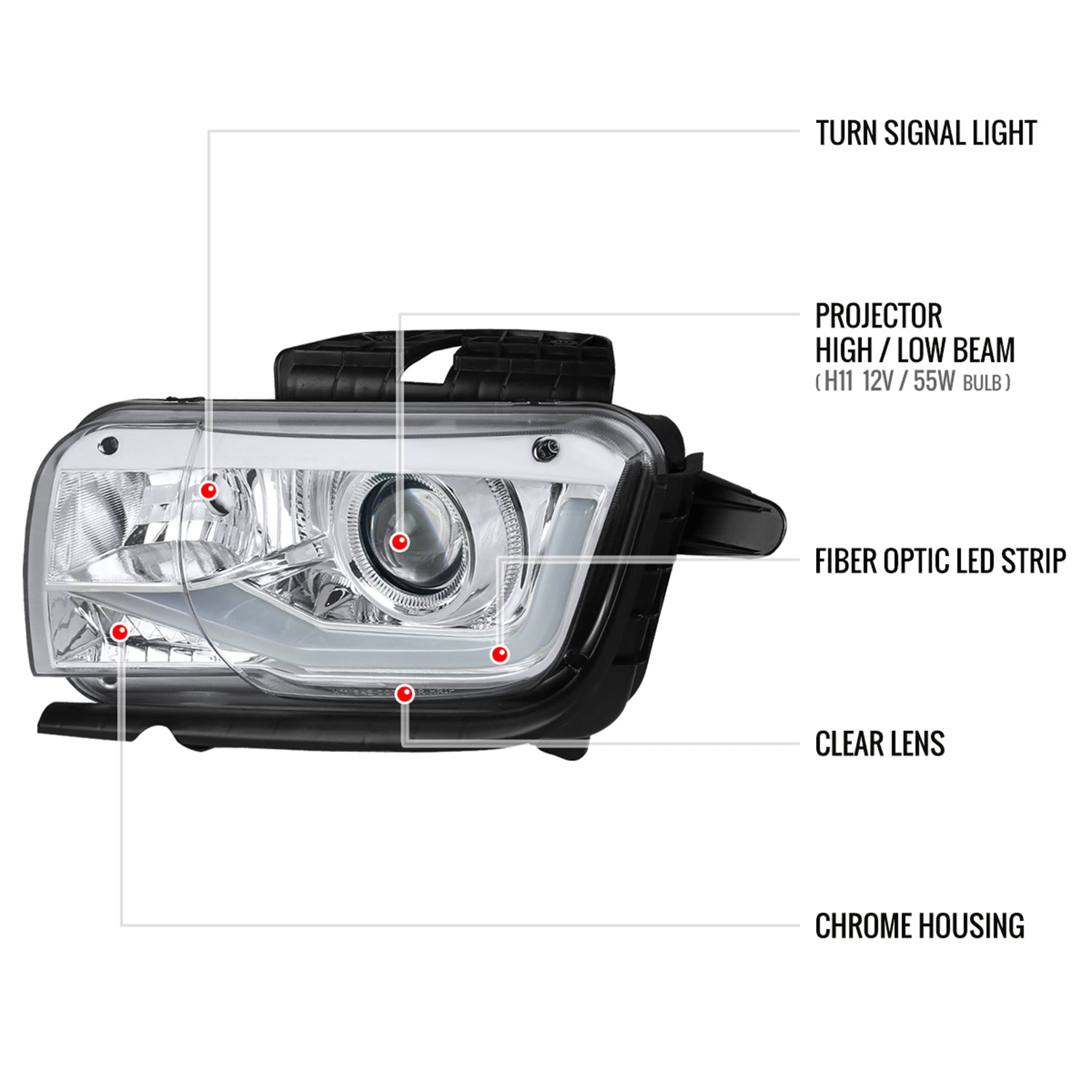 2010-2013 Chevy Camaro LED Bar Projector Headlights Chrome/Clear Lens