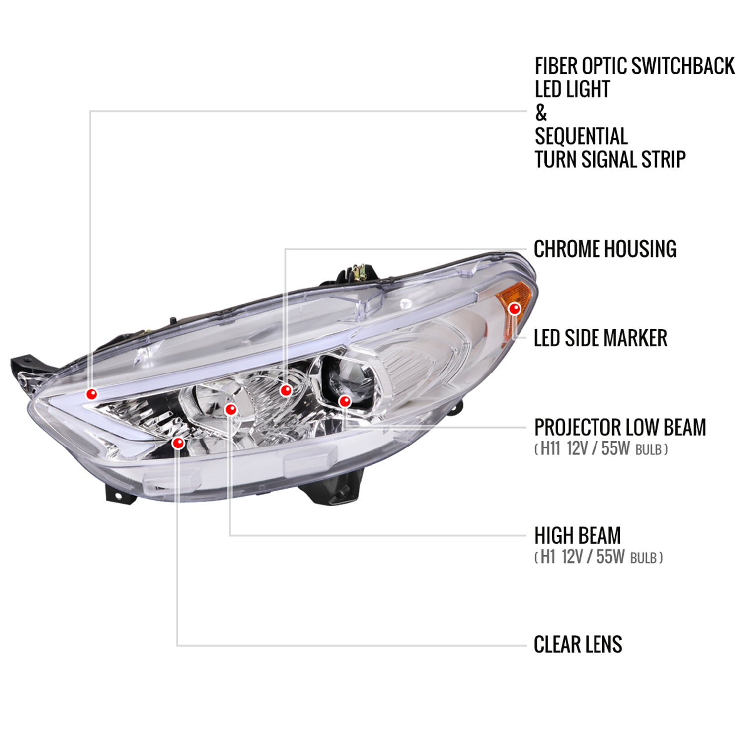2013-2016 Ford Fusion Sequential Turn Signal Projector Headlights Chrome