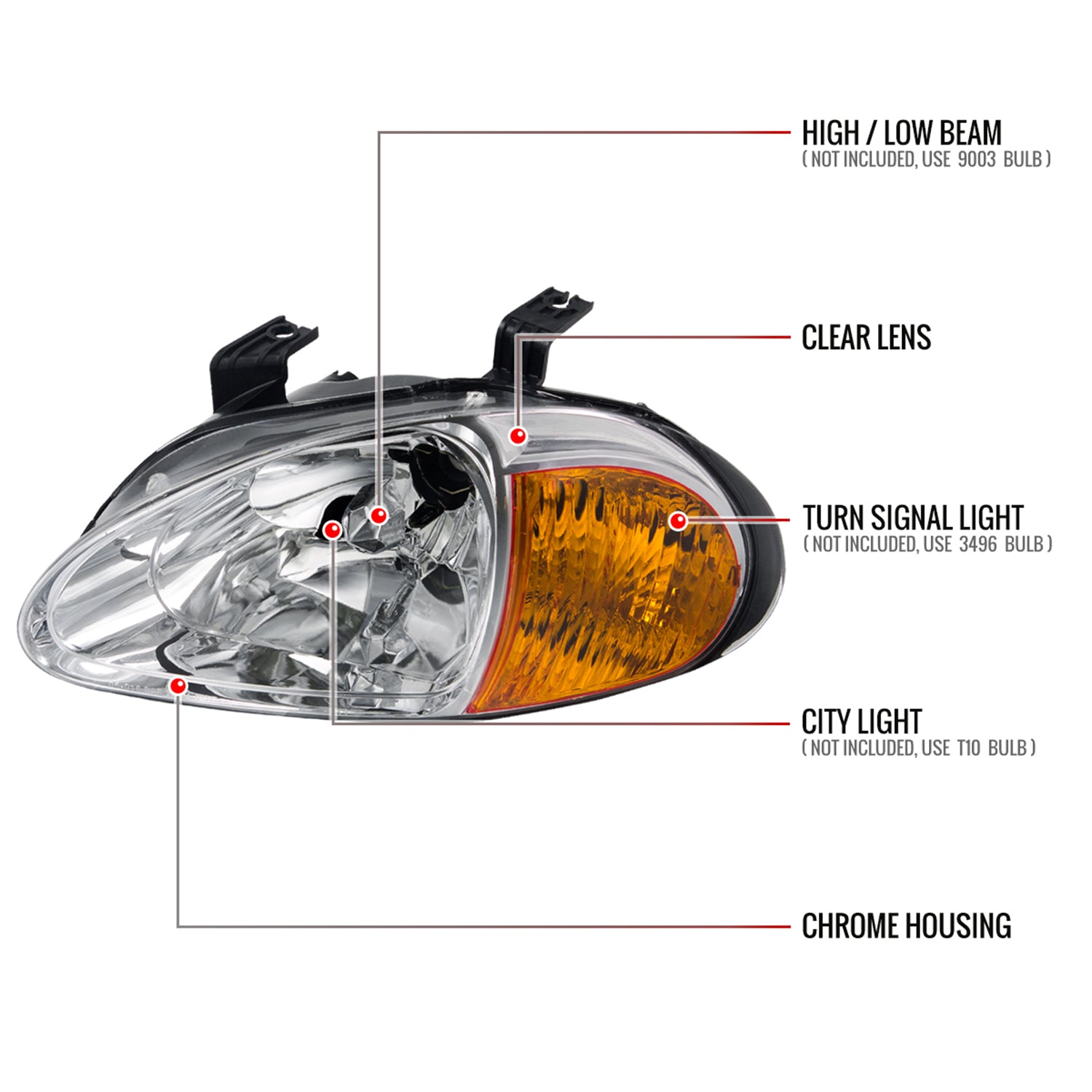 1993-1997 Honda Del Sol Crystal Headlights w/ Amber Reflector Chrome/Clear